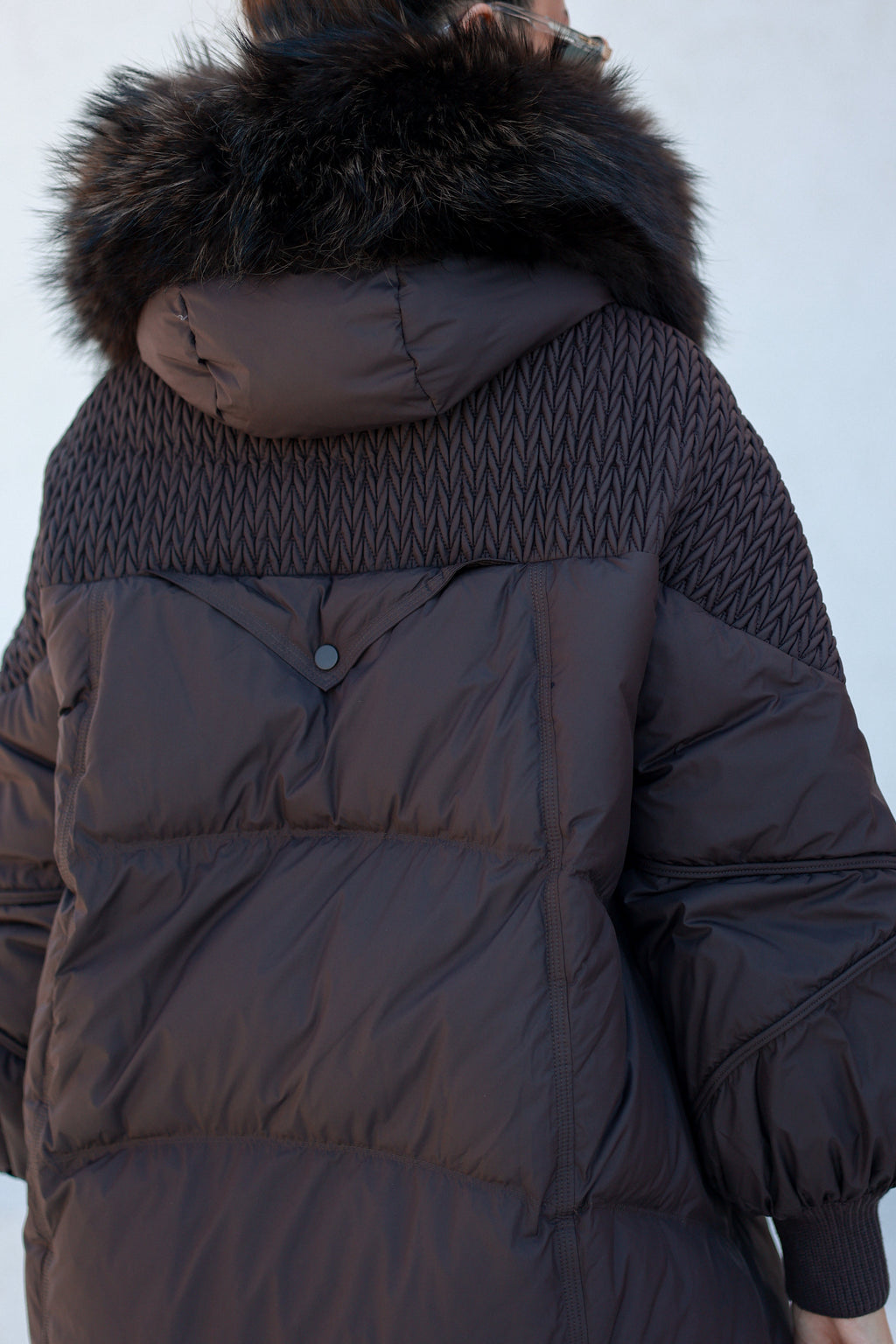 Dakota Genuine Fur Trim Down Fill Coat in Chocolate