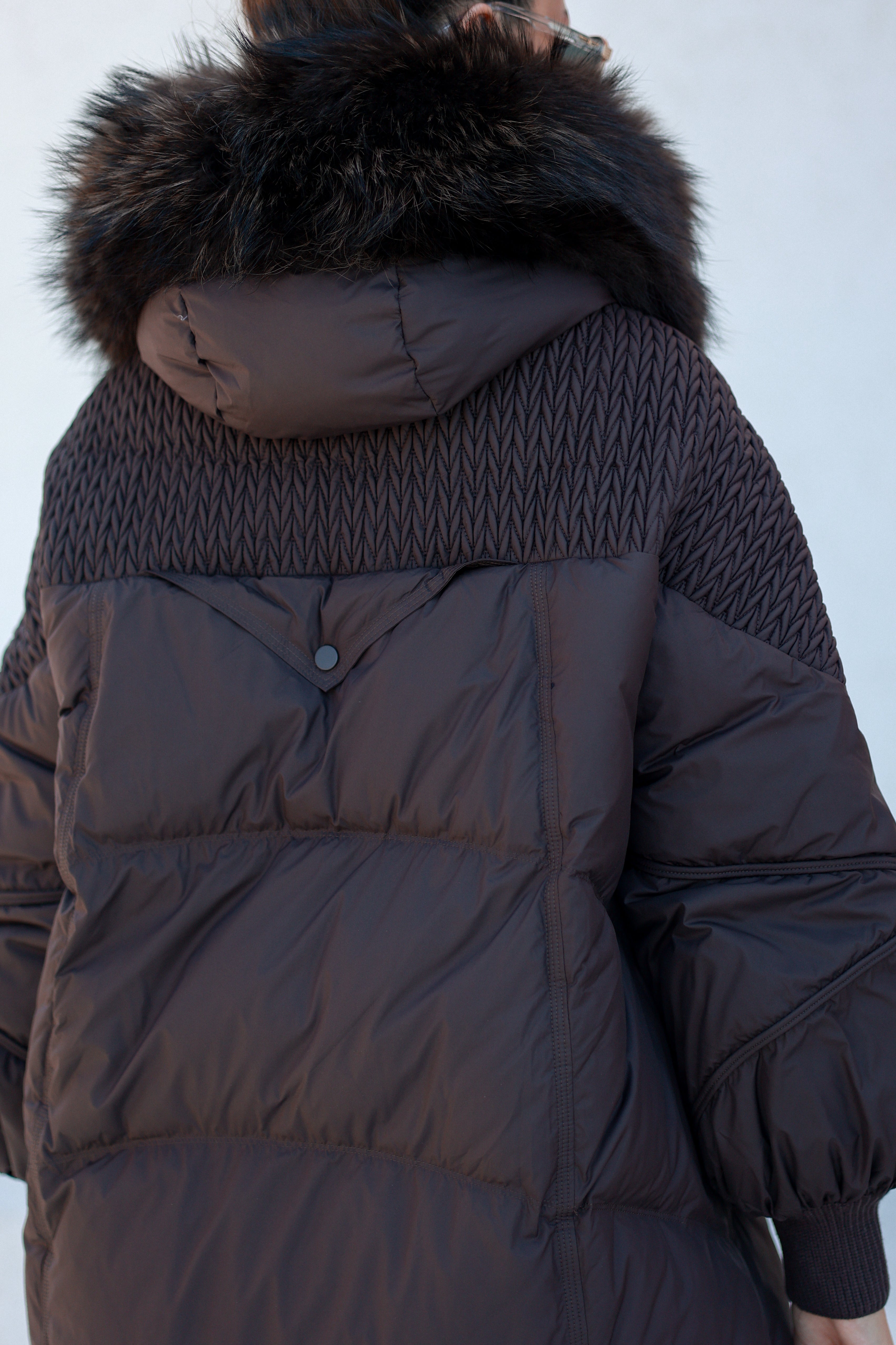 Dakota Genuine Fur Trim Down Fill Coat in Chocolate