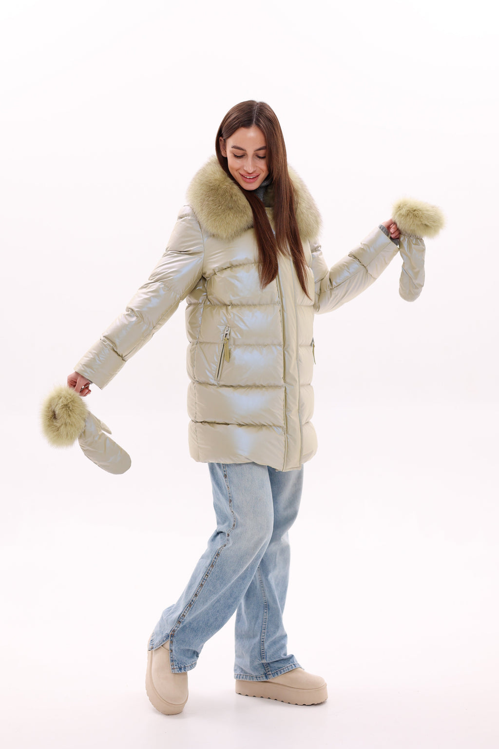 Genuine Fox Fur Down Coat with Fur Trim Mittens
