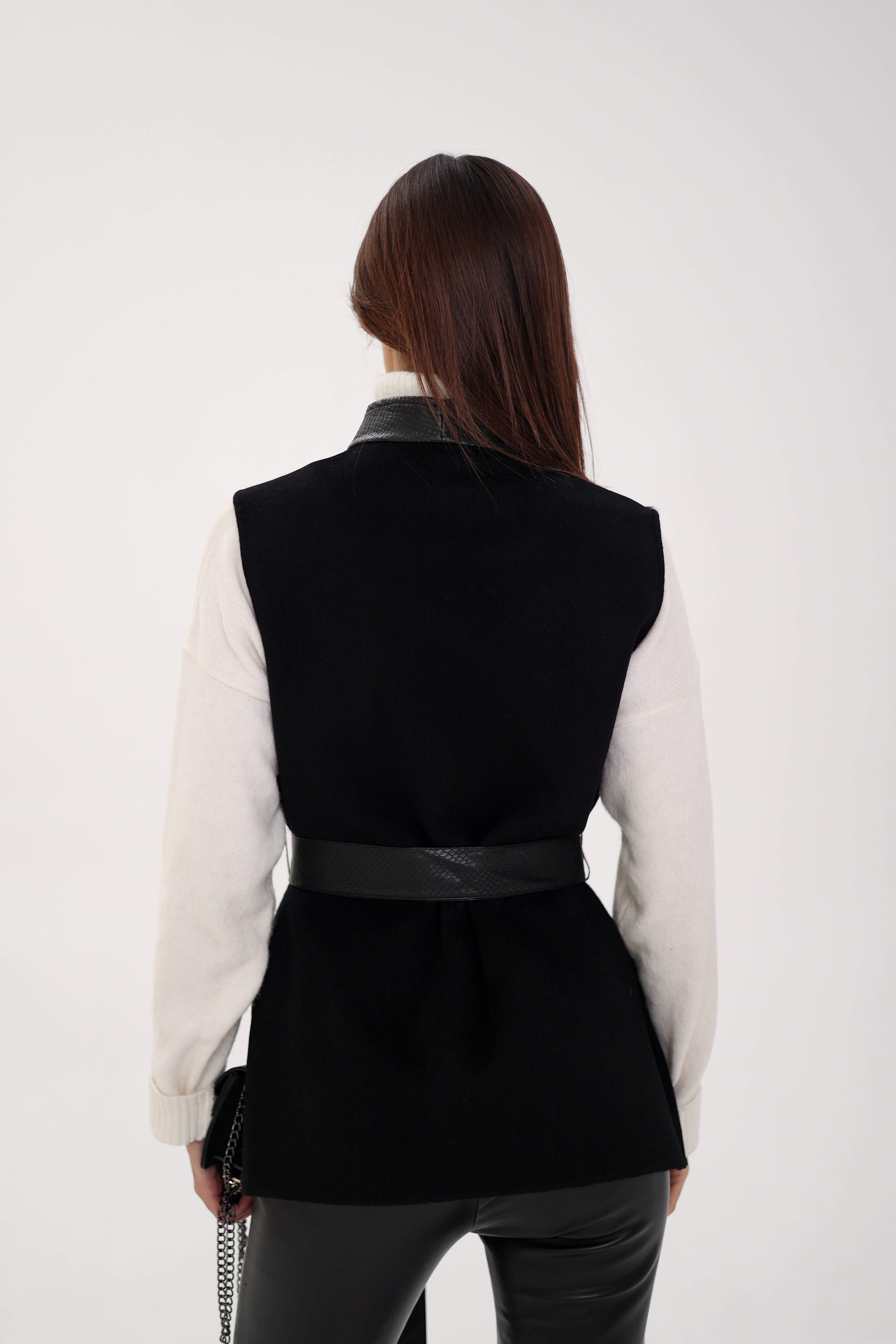 Genuine Mink Fur Leather Trim Wool Vest