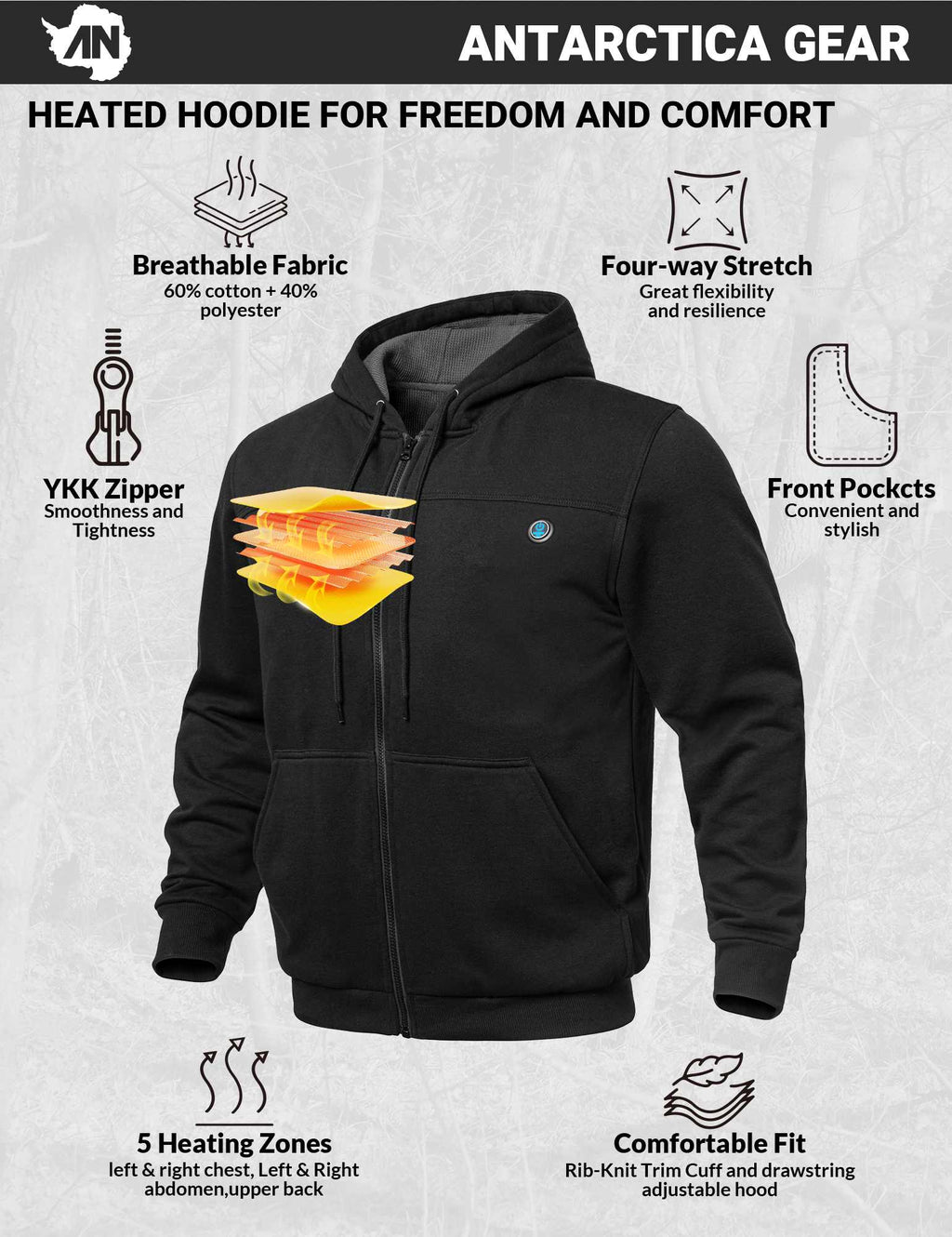 ANTARCTICA GEAR Heated Hoodie Sweater for Men with 12V 20000mAh Battery Pack