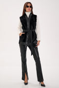 Genuine Mink Fur Leather Trim Wool Vest