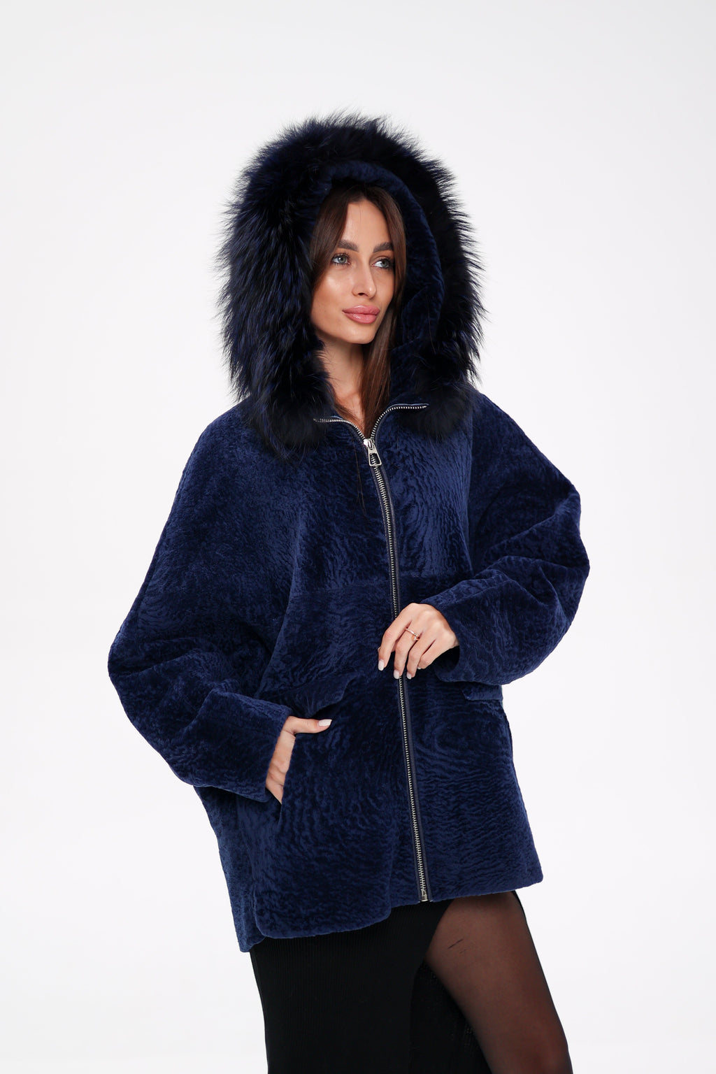 Genuine Shearling Silver Fox Trim Jacket