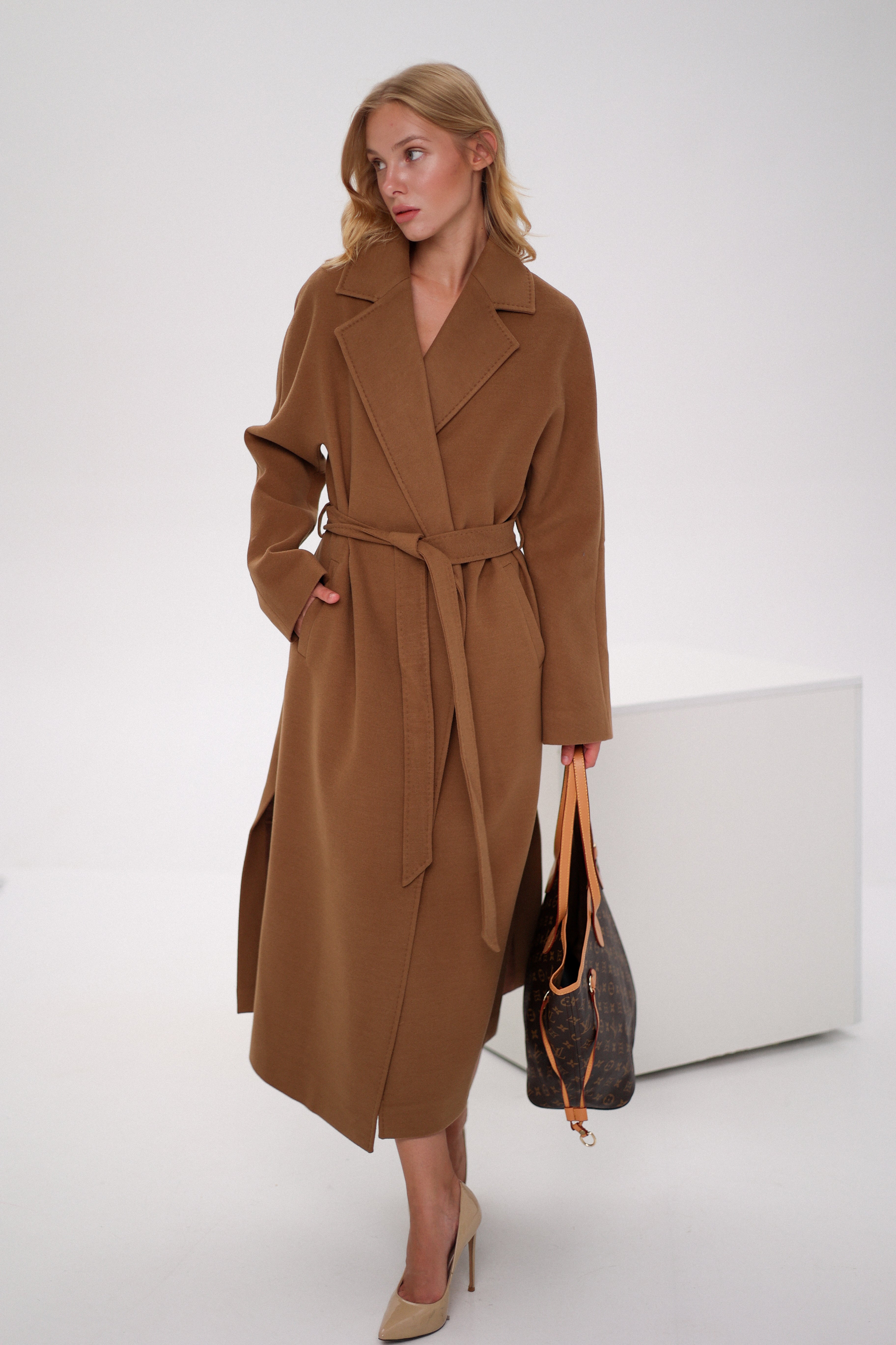 Cambridge Comfort Wraparound Wool Cashmere Coat in Dark Camel