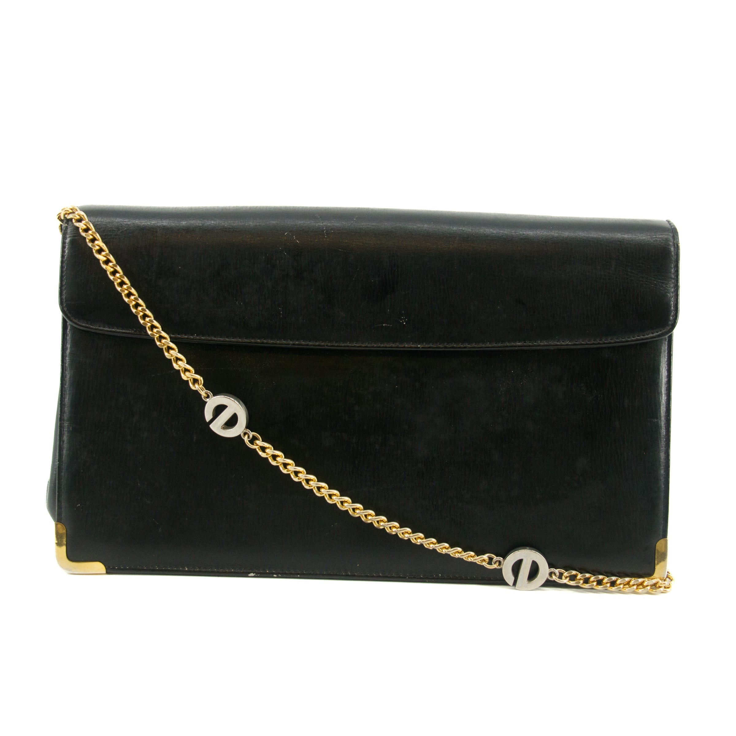 Christan Dior Black Leather Logo Chain Shoulder Bag #5872