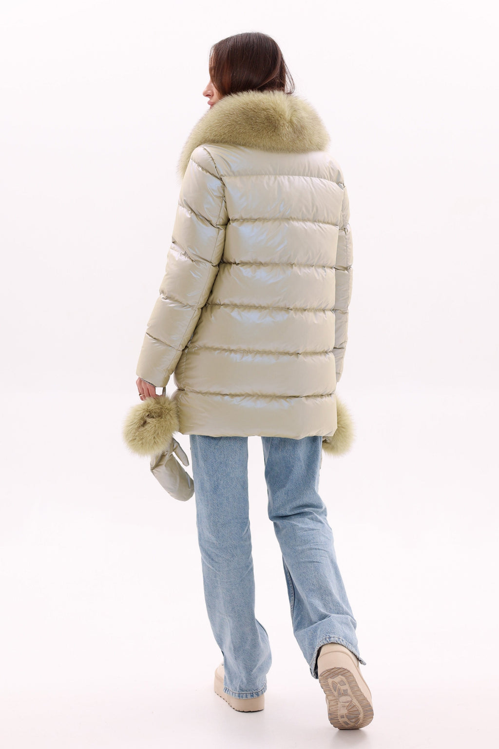 Genuine Fox Fur Down Coat with Fur Trim Mittens