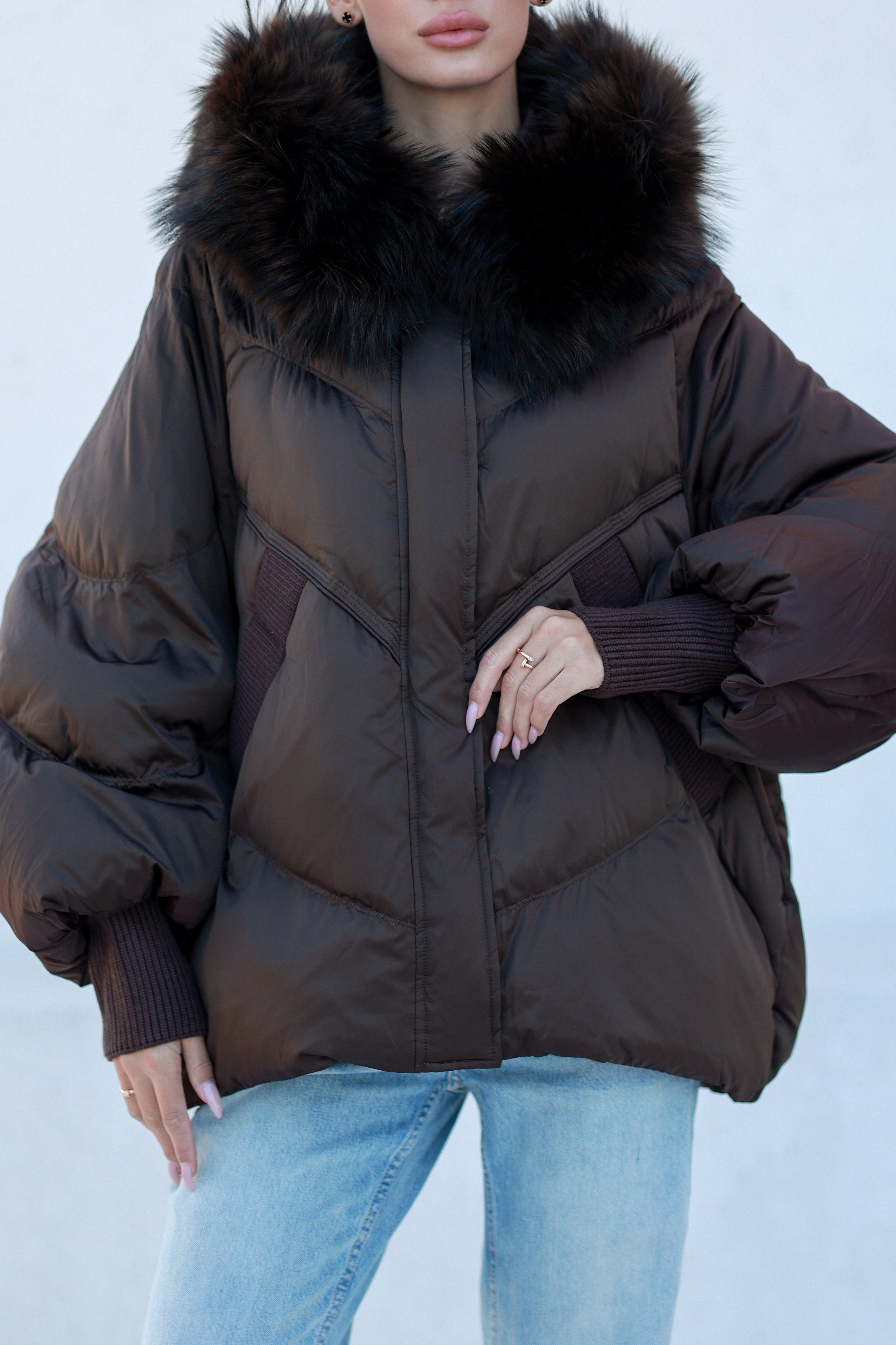 Chantal Genuine Fur Trim Down Fill Coat in Chocolate