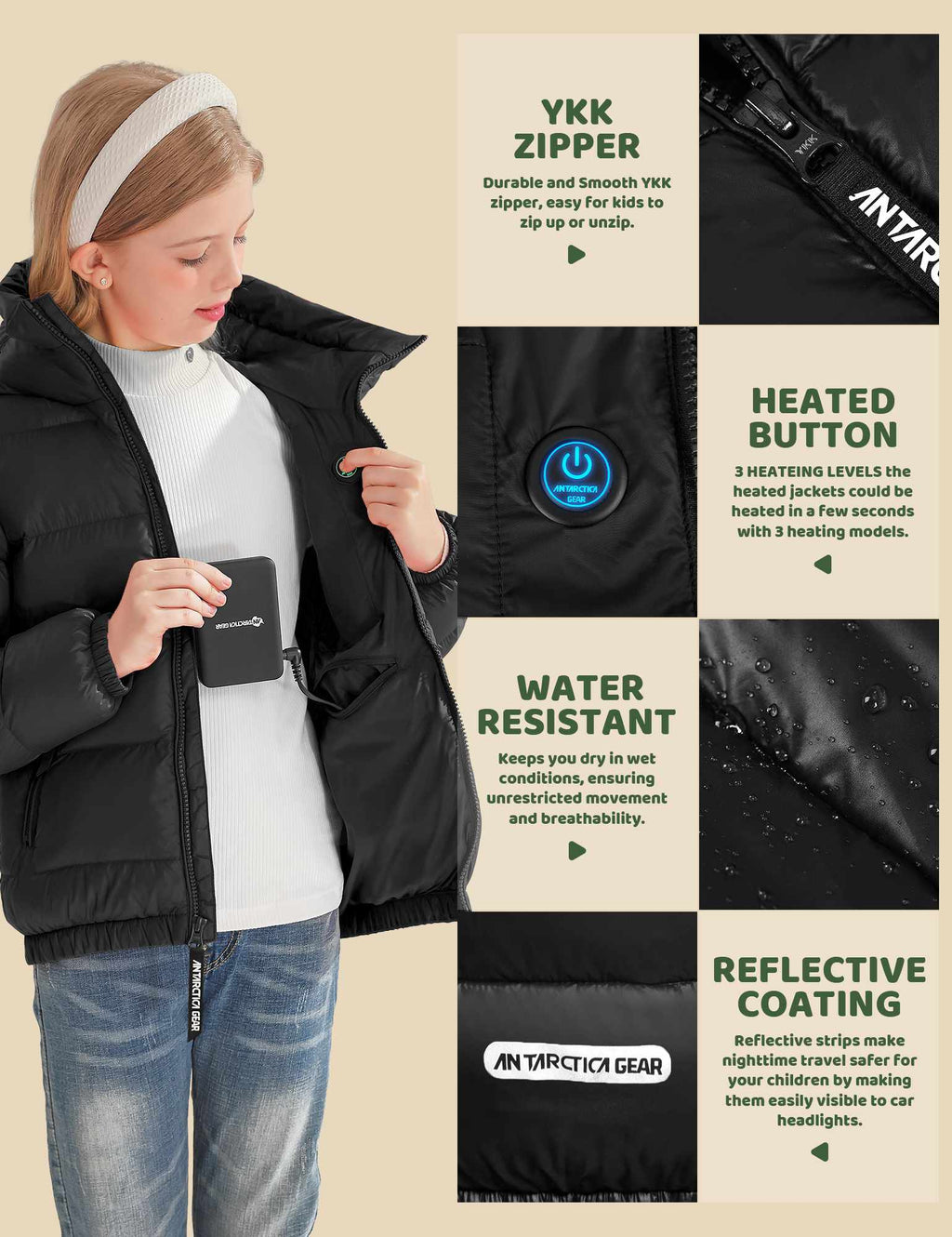 Antarctica Gear Kid Heated Jacket with 12V/5A 10000 mAh Battery Pack Winter Coat for Boys Girls Heated Coat