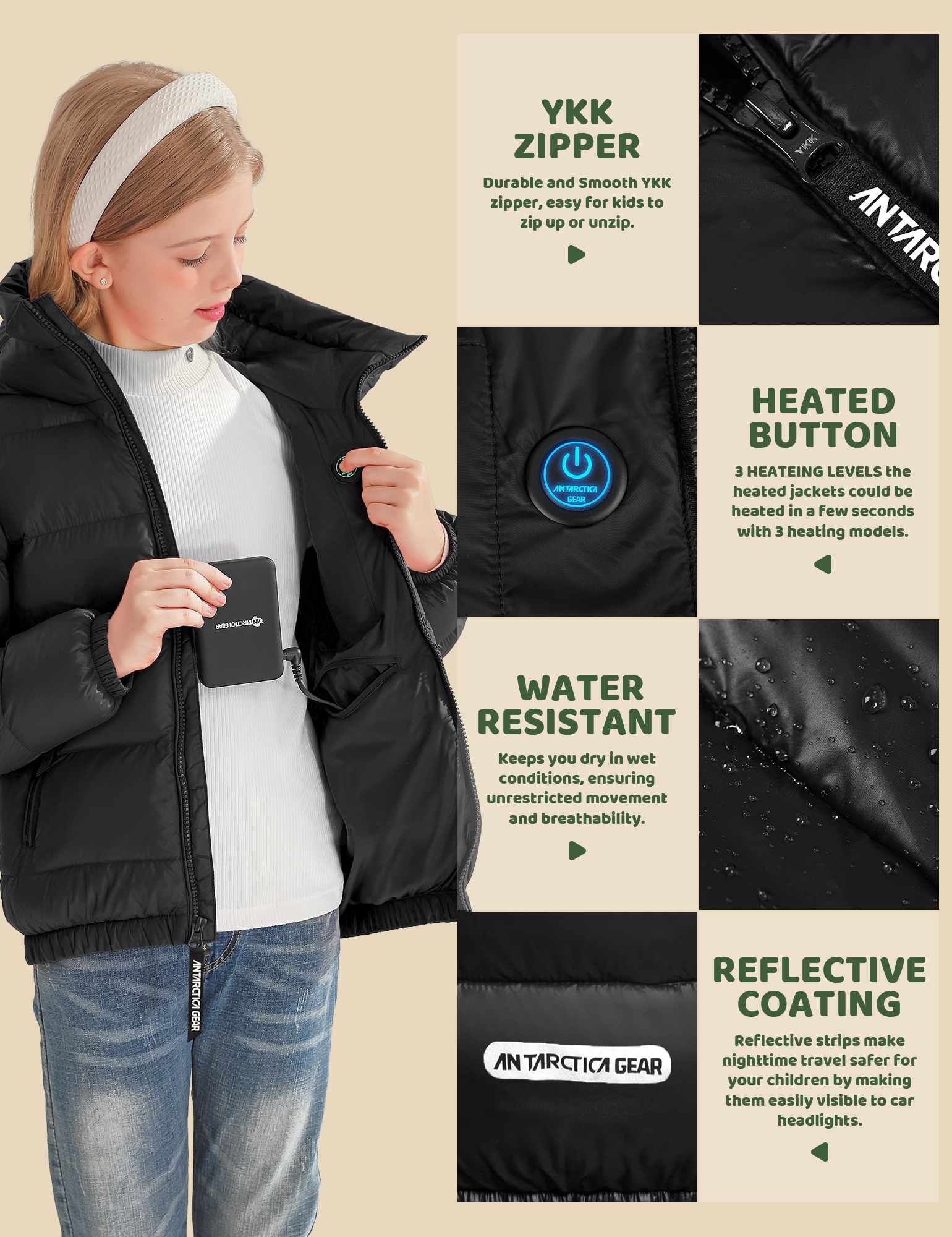 Antarctica Gear Kid Heated Jacket with 12V/5A 10000 mAh Battery Pack Winter Coat for Boys Girls Heated Coat