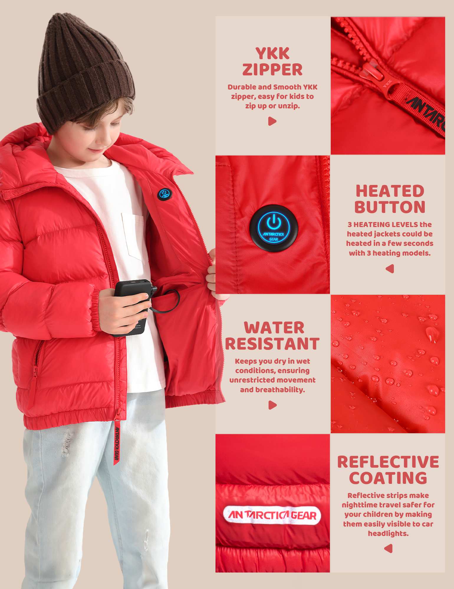Antarctica Gear Kid Heated Jacket with 12V/5A 10000 mAh Battery Pack Winter Coat for Boys Girls Heated Coat