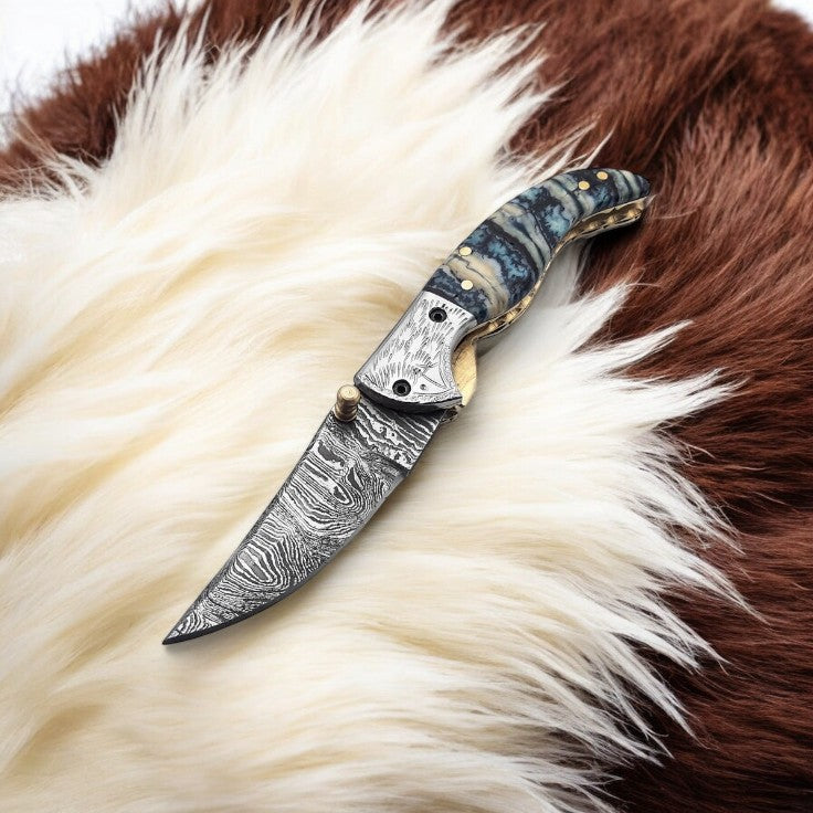 Handmade Damascus Steel Pocket Knife with Epoxy Handle