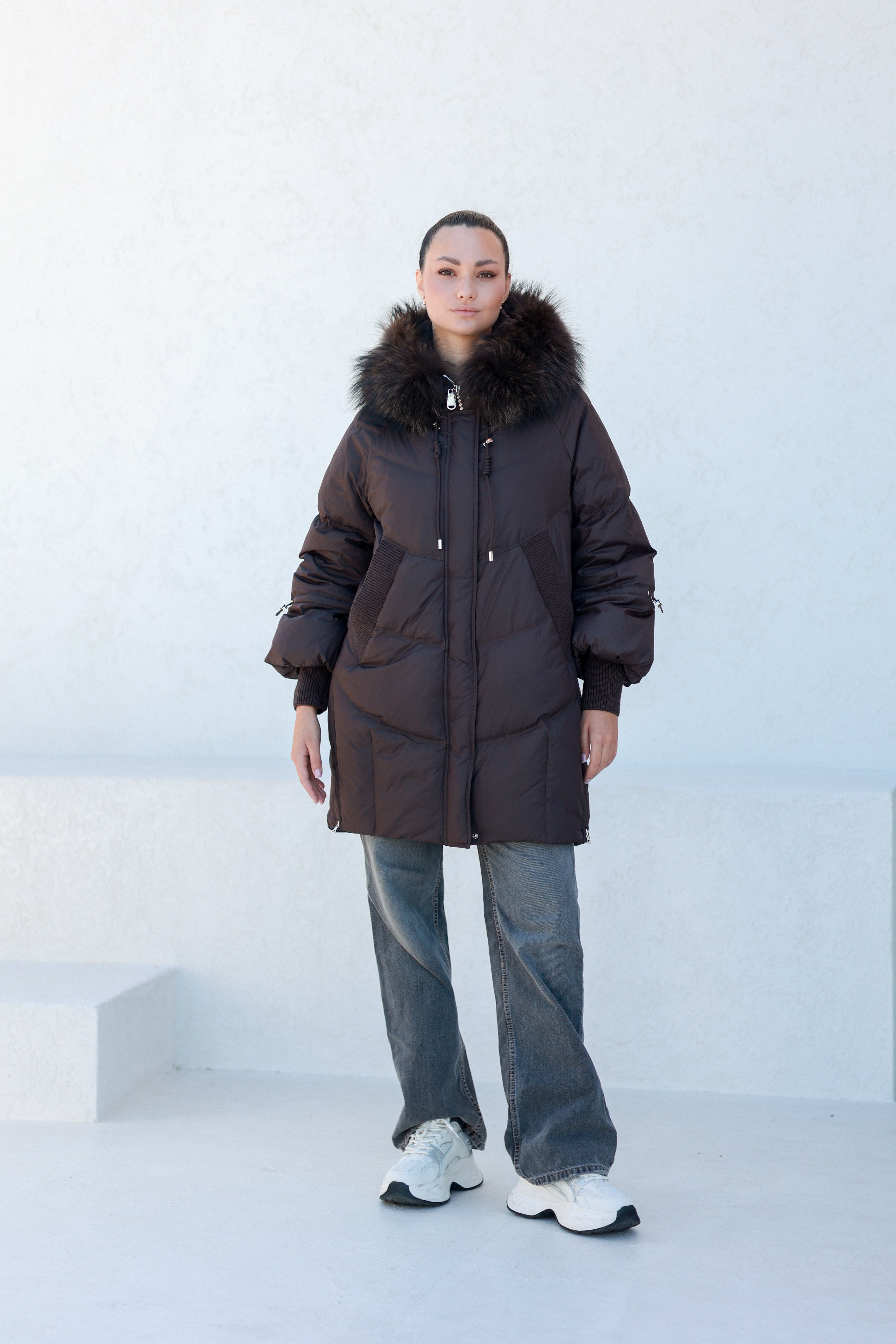 Celeste Genuine Fur Trim Down Fill Coat in Fig