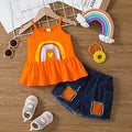 2pcs Toddler Girl Trendy Cotton Ruffled Camisole and Ripped Panel Denim Shorts Set