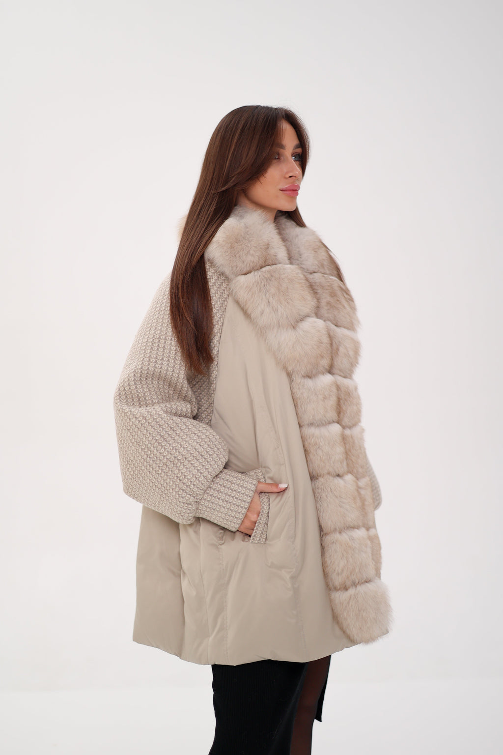 Genuine Polar Fox Boucle Down Coat