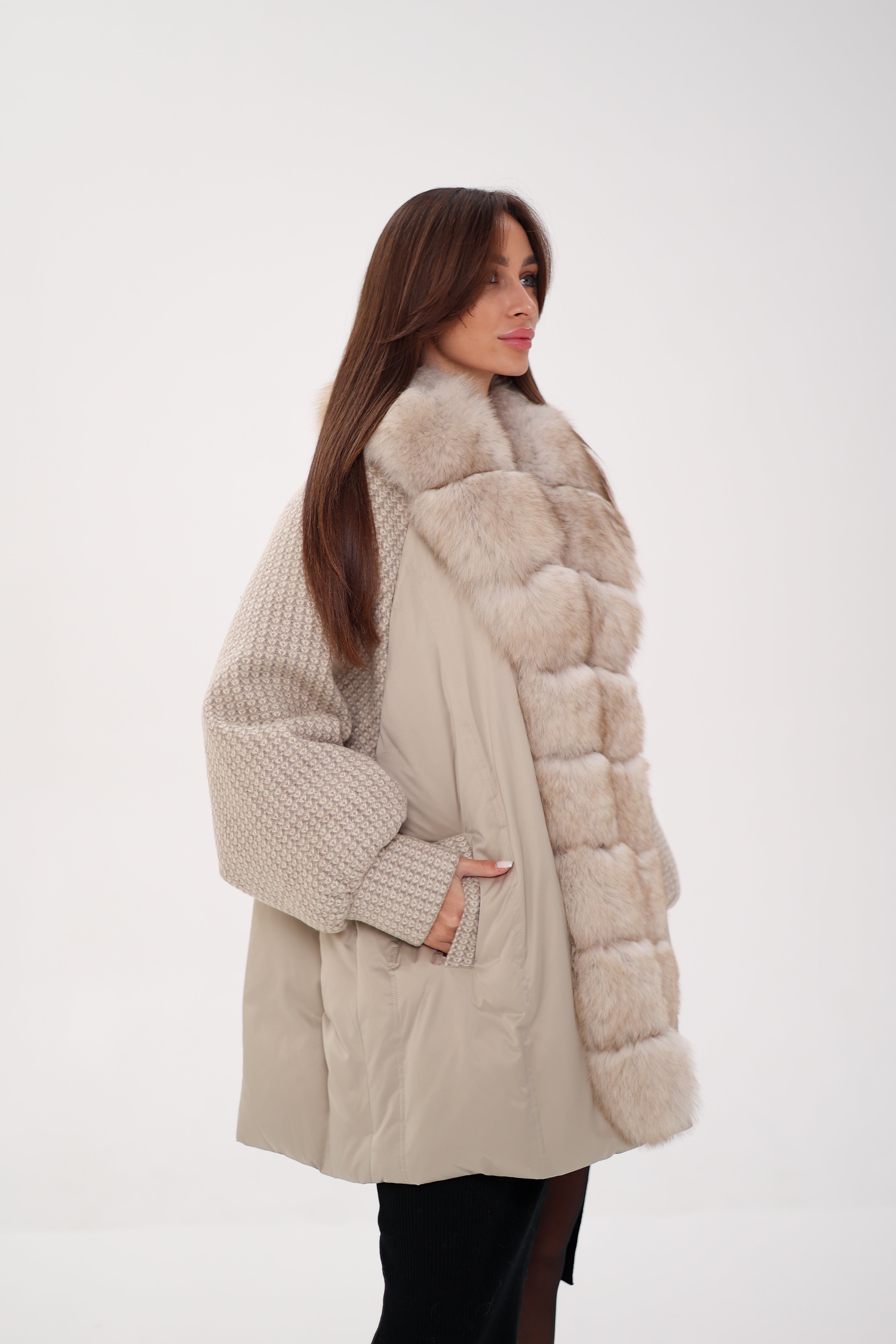 Genuine Polar Fox Boucle Down Coat