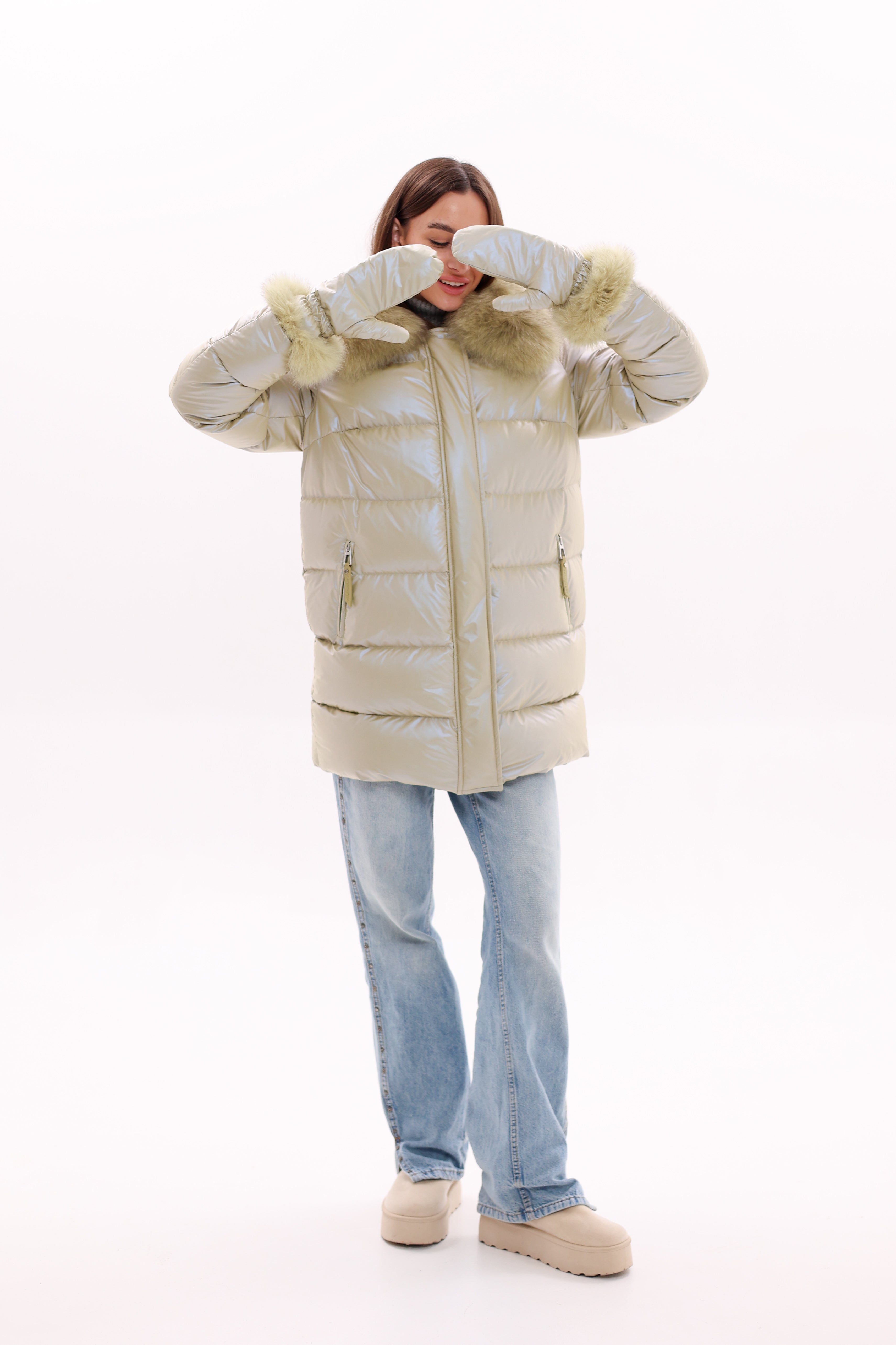 Genuine Fox Fur Down Coat with Fur Trim Mittens