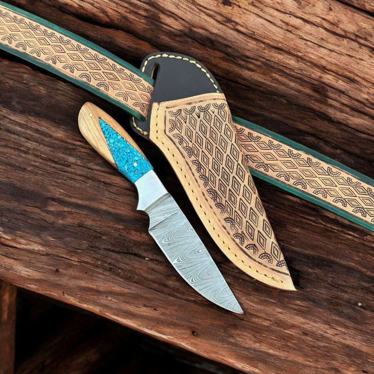Handmade Damascus Belt Knife – Turquoise Epoxy Resin Handle
