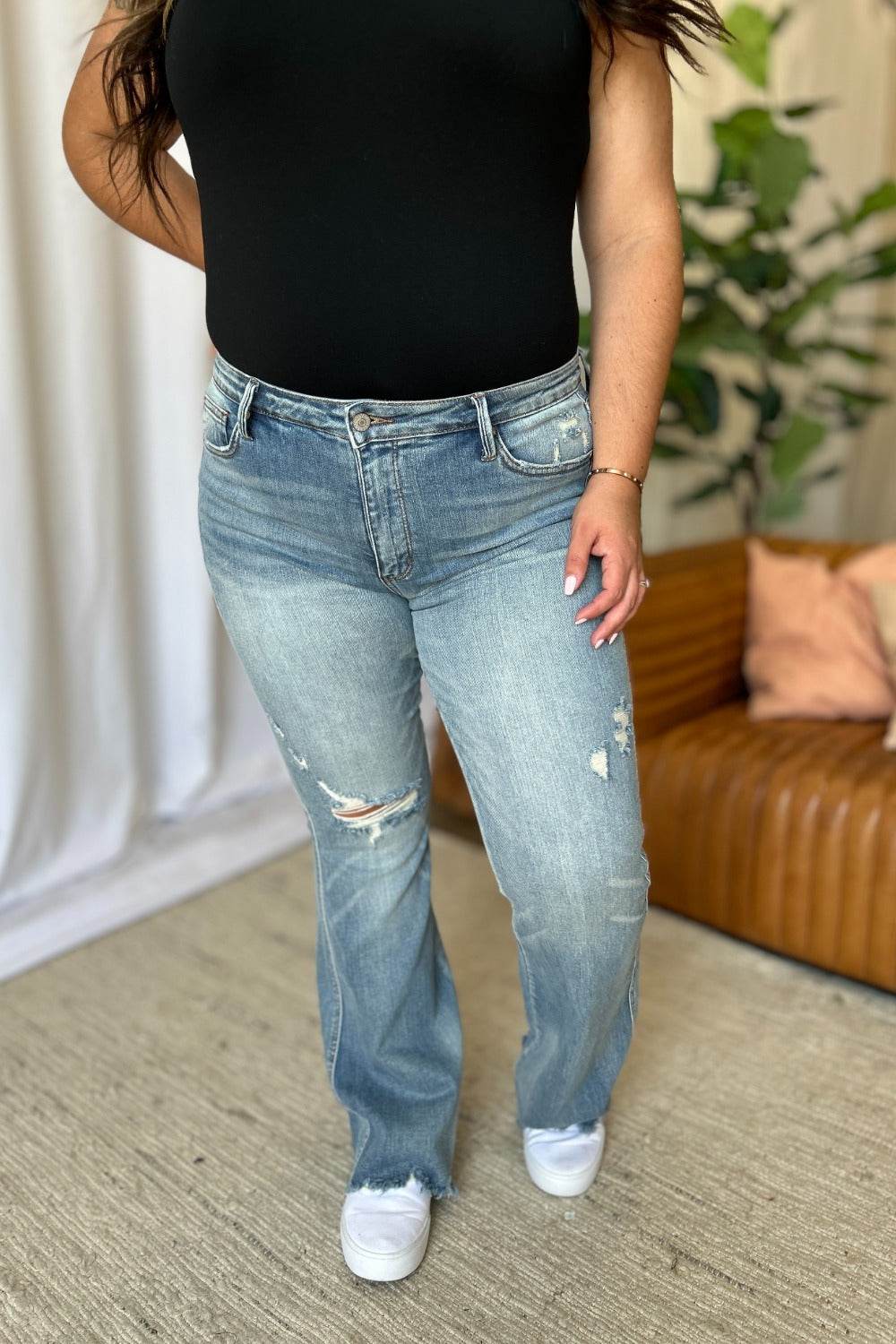Judy Blue Full Size Medium Rise Tummy Control Destroy Flare Women Jeans