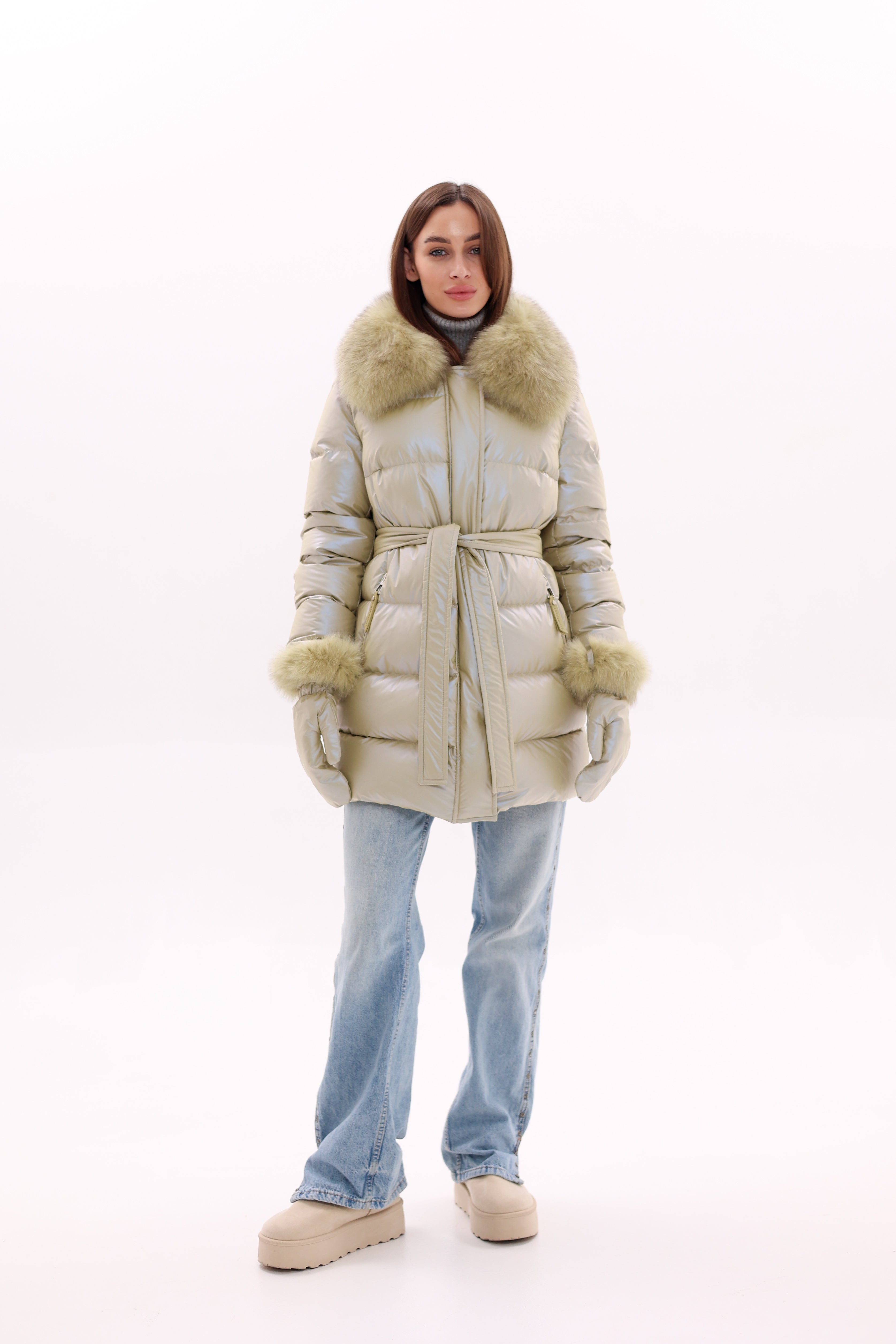 Genuine Fox Fur Down Coat with Fur Trim Mittens
