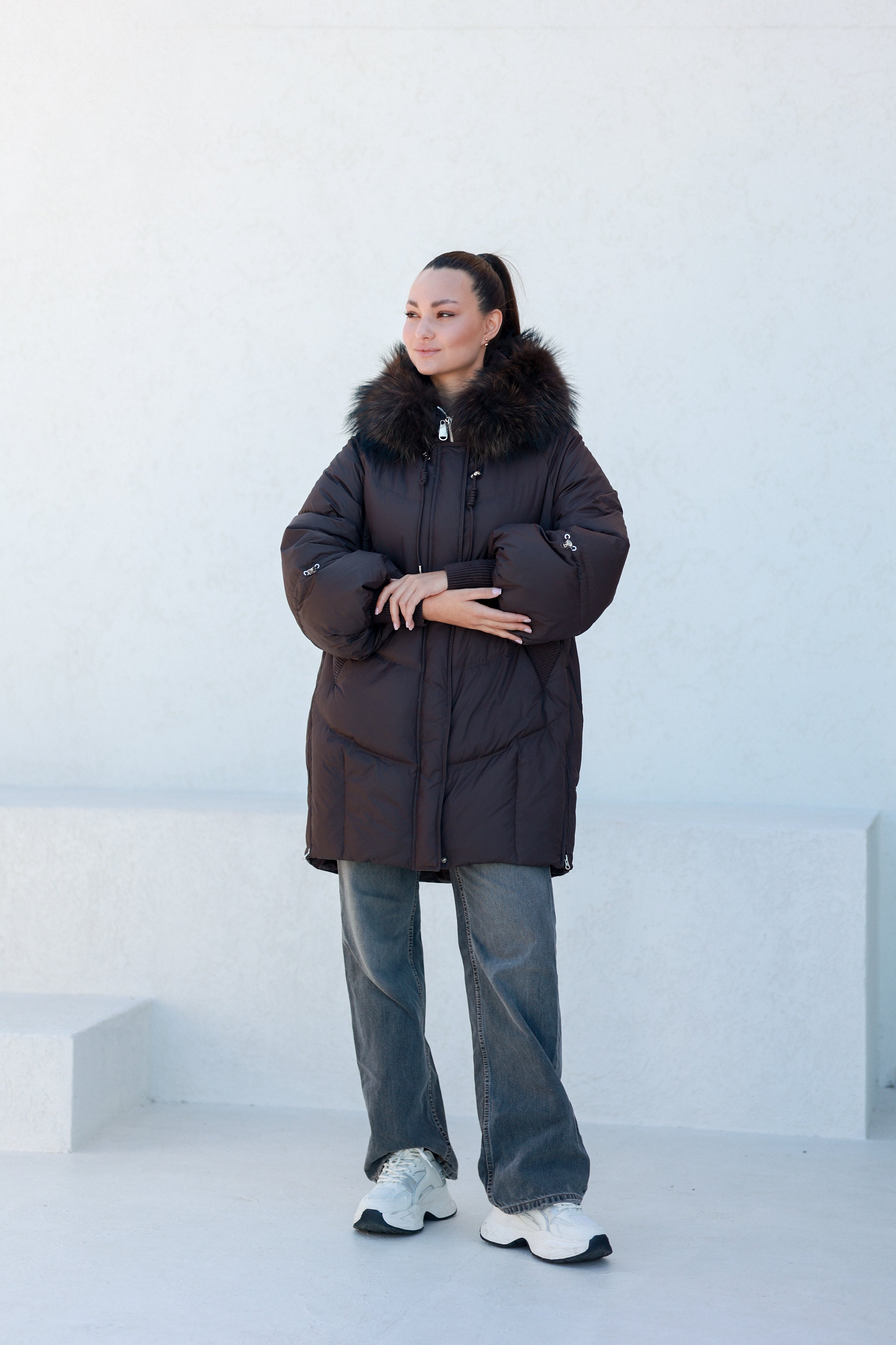 Celeste Genuine Fur Trim Down Fill Coat in Fig