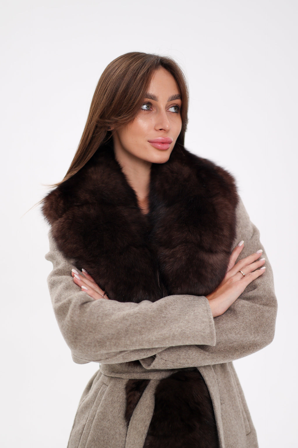 Genuine Polar Fox Fur Virgin Wool Coat