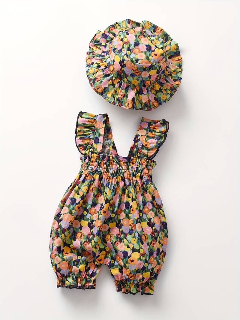 Floral  Print Romper Matching Hat