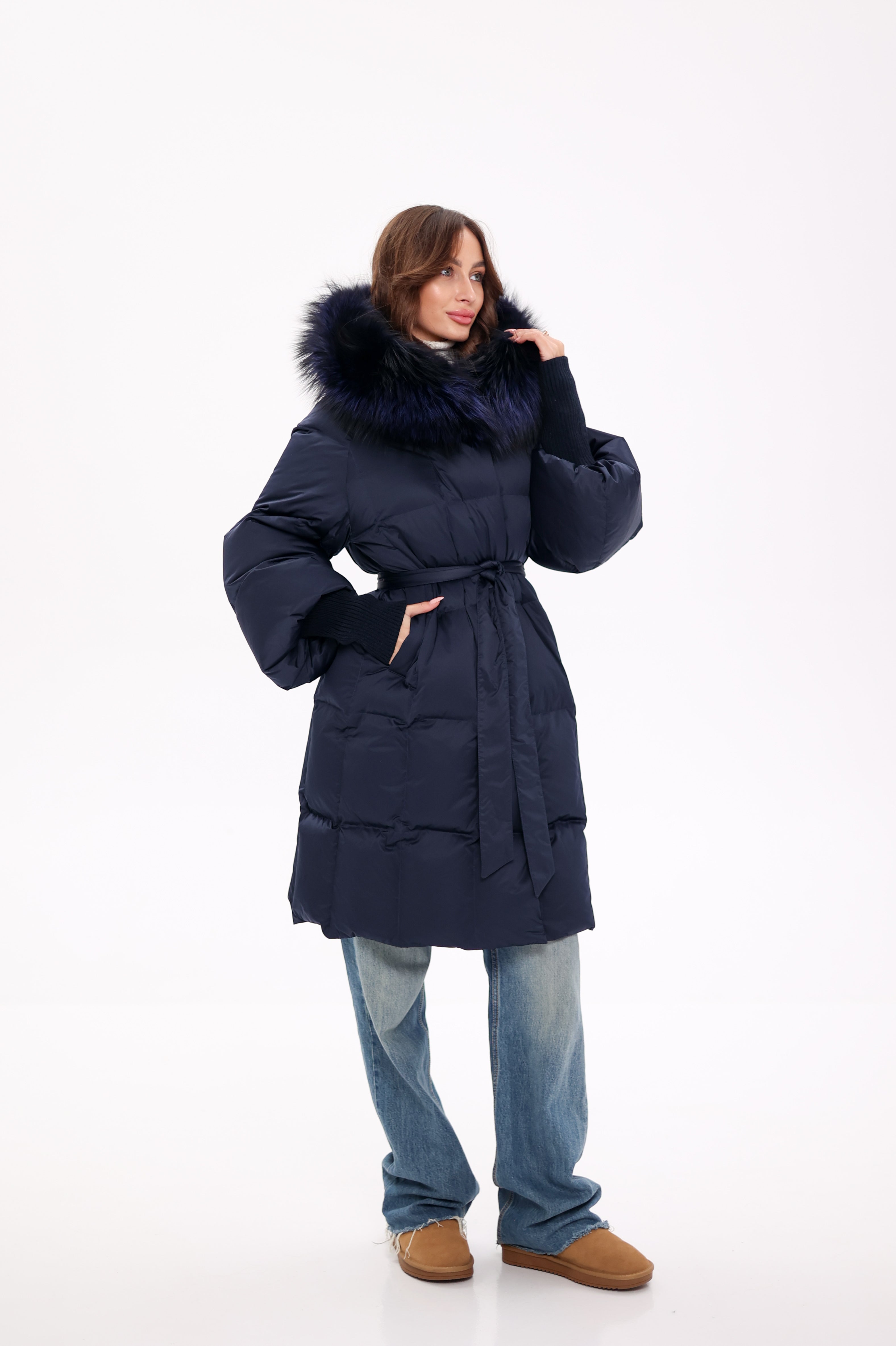 Genuine Fox Fur Trim Down Coat in Royal Blue