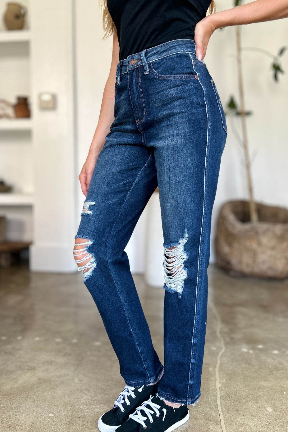 Judy Blue Full Size High Waist Rigid Magic Heavy Destroy Straight Women Jeans