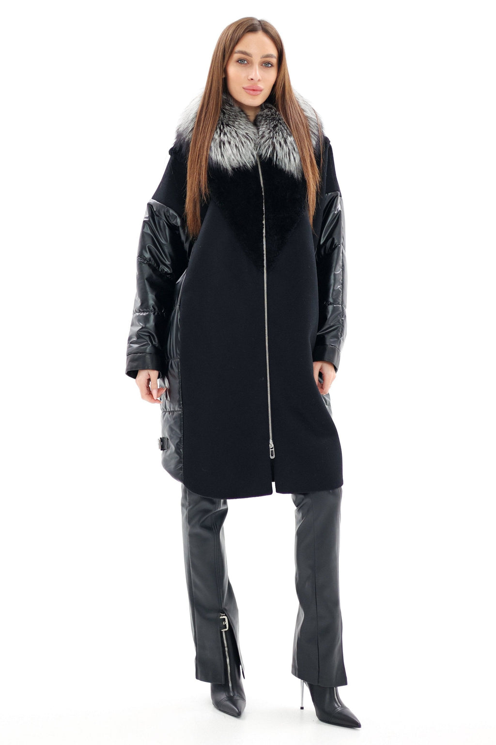 Genuine Silver Fox Fur Italian Cashmere Wool Freudenberg Comfortemp® Coat