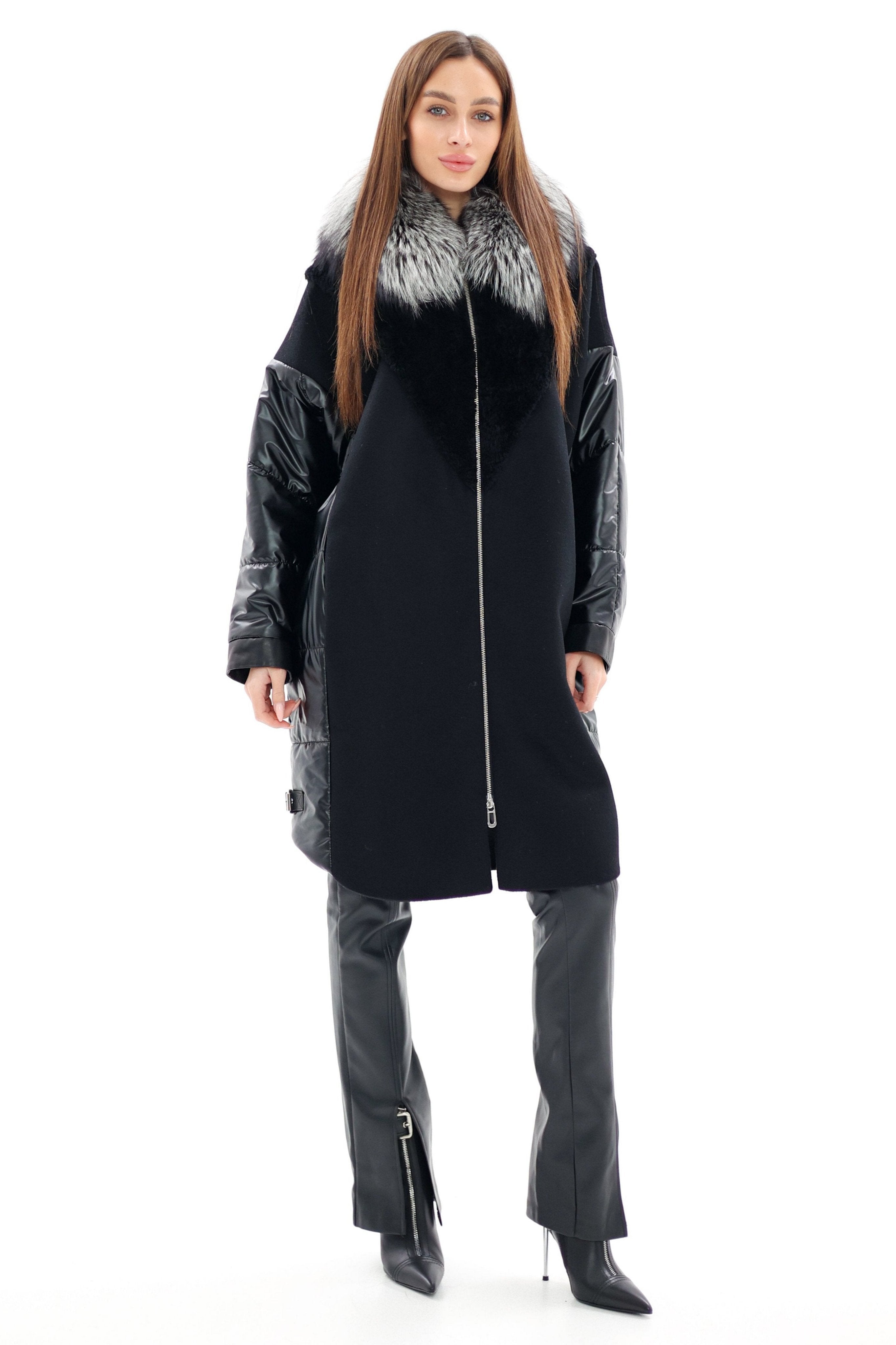 Genuine Silver Fox Fur Italian Cashmere Wool Freudenberg Comfortemp® Coat