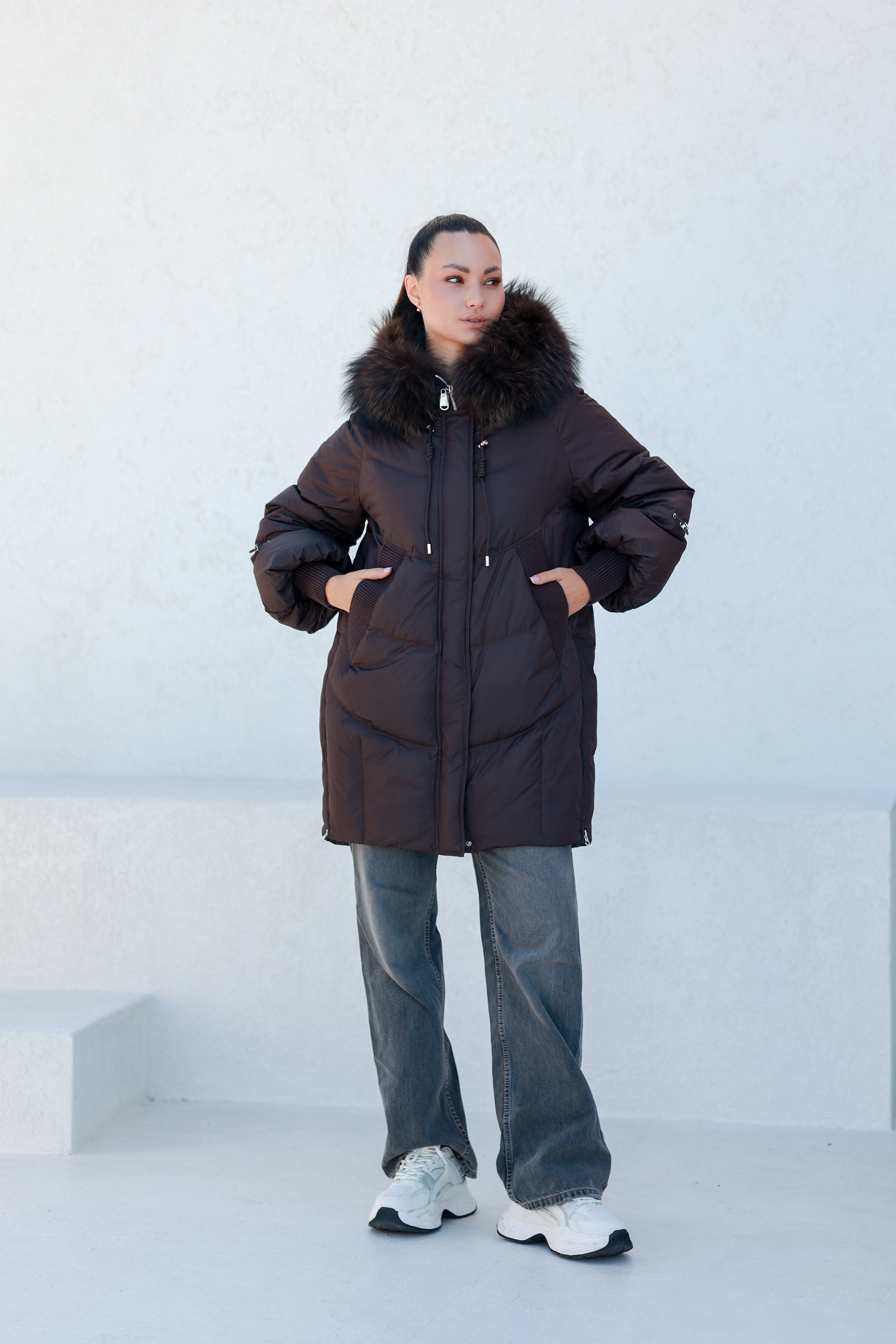 Celeste Genuine Fur Trim Down Fill Coat in Fig