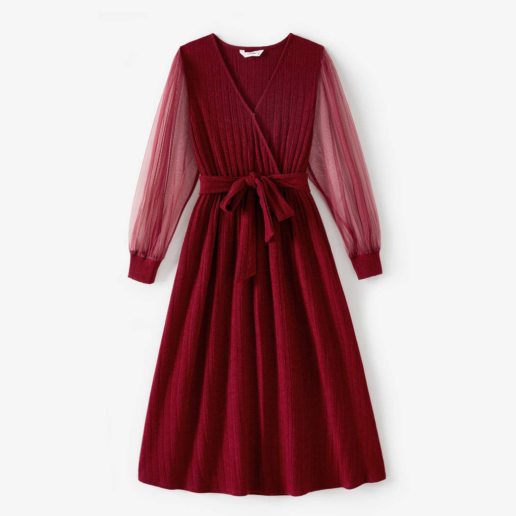 Family Matching Color-Block Tops and Flutter Dresses Sets: Burgundy