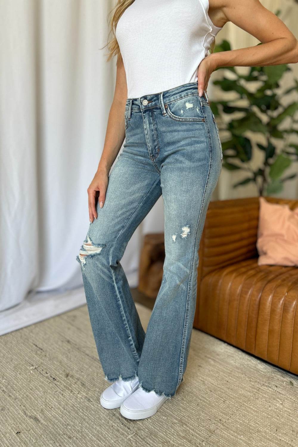 Judy Blue Full Size Medium Rise Tummy Control Destroy Flare Women Jeans