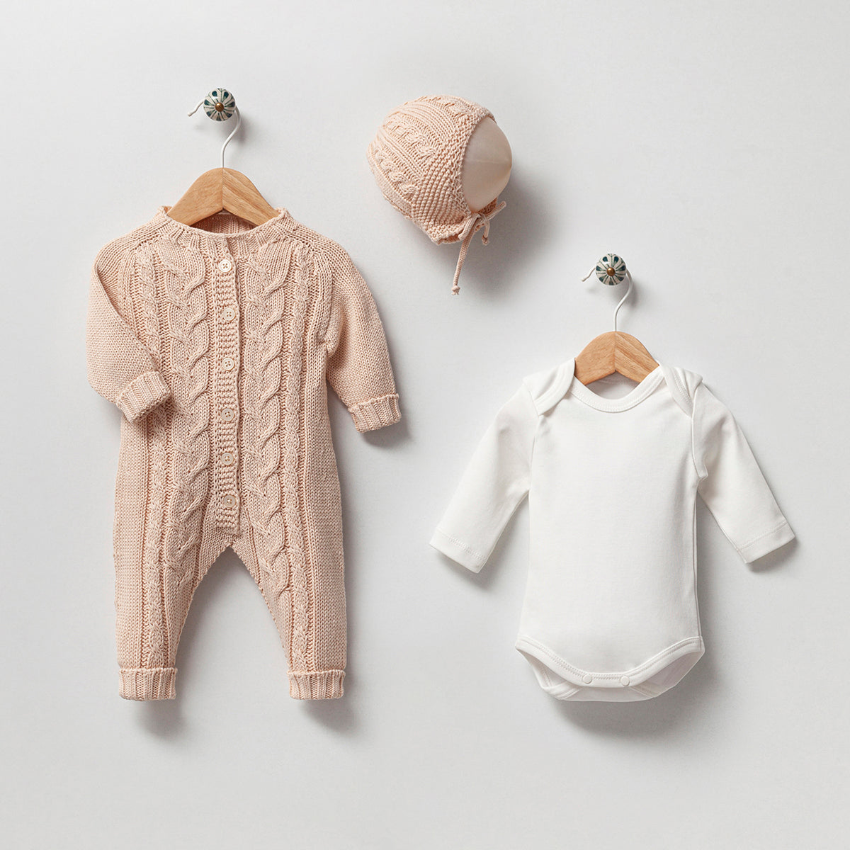Heirloom Knit Romper 3 Piece Set – Blush Beige