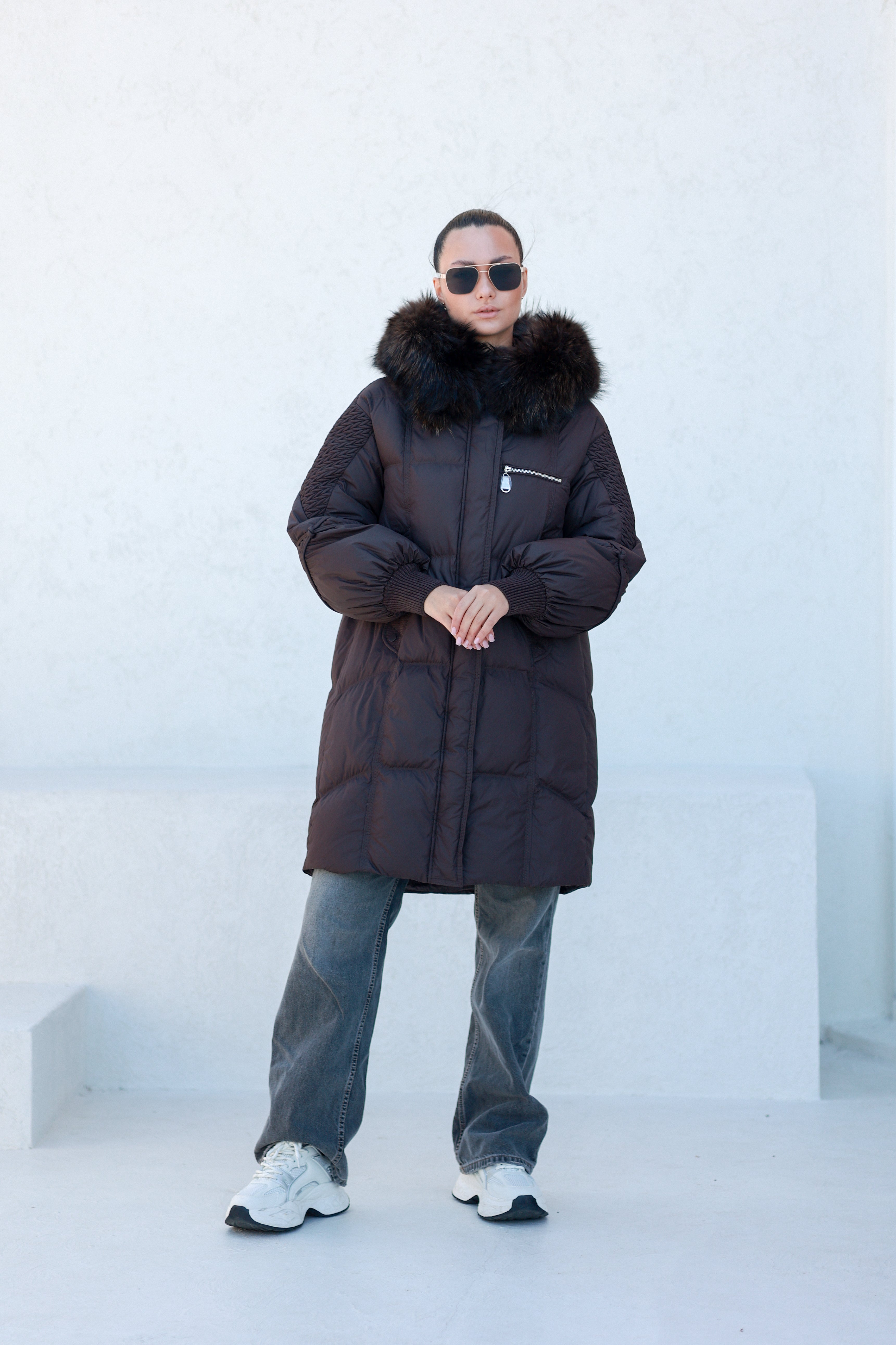 Dakota Genuine Fur Trim Down Fill Coat in Fig