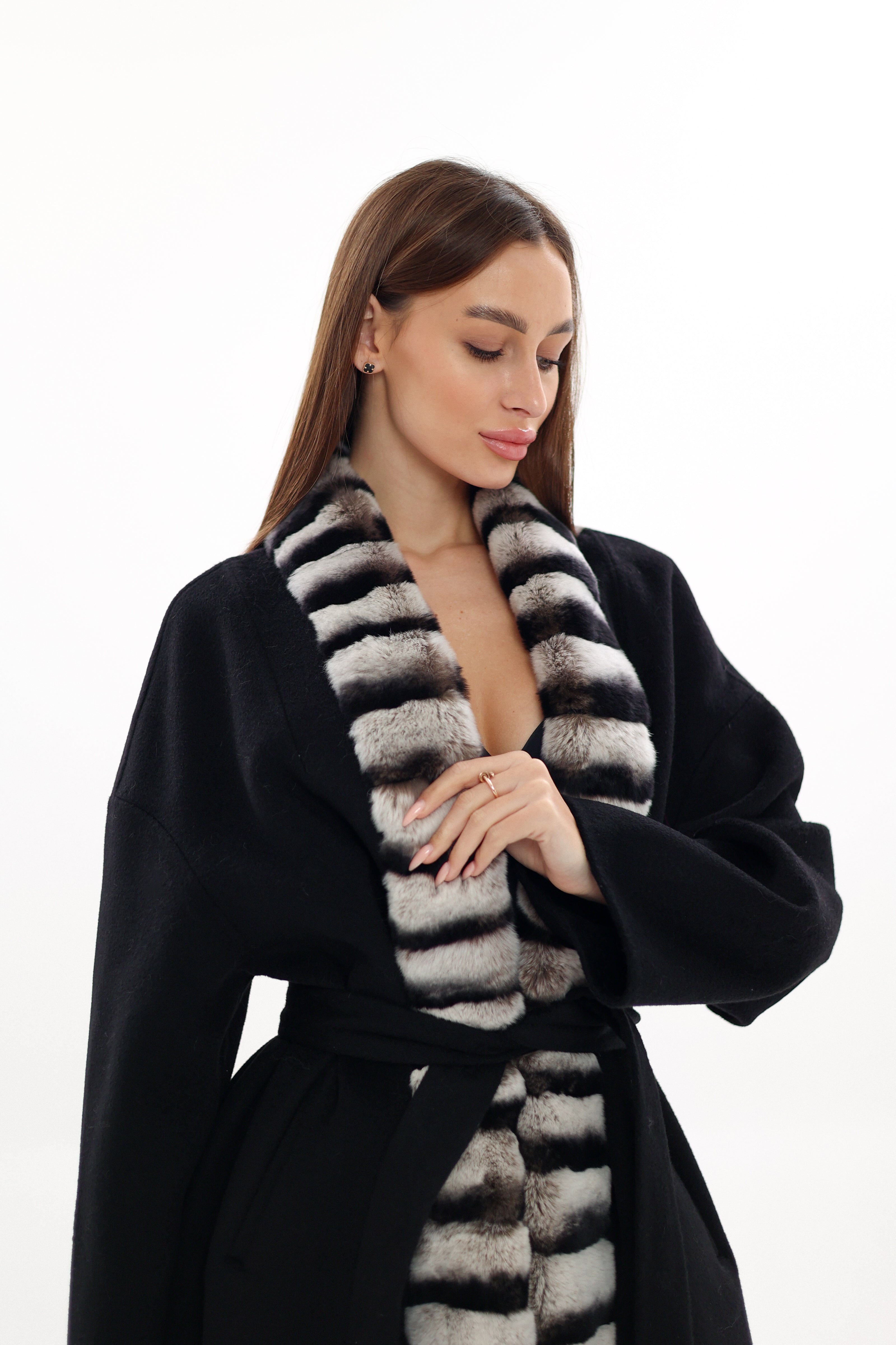 Genuine  French Orylag Fur Italian Cashmere Wool Coat