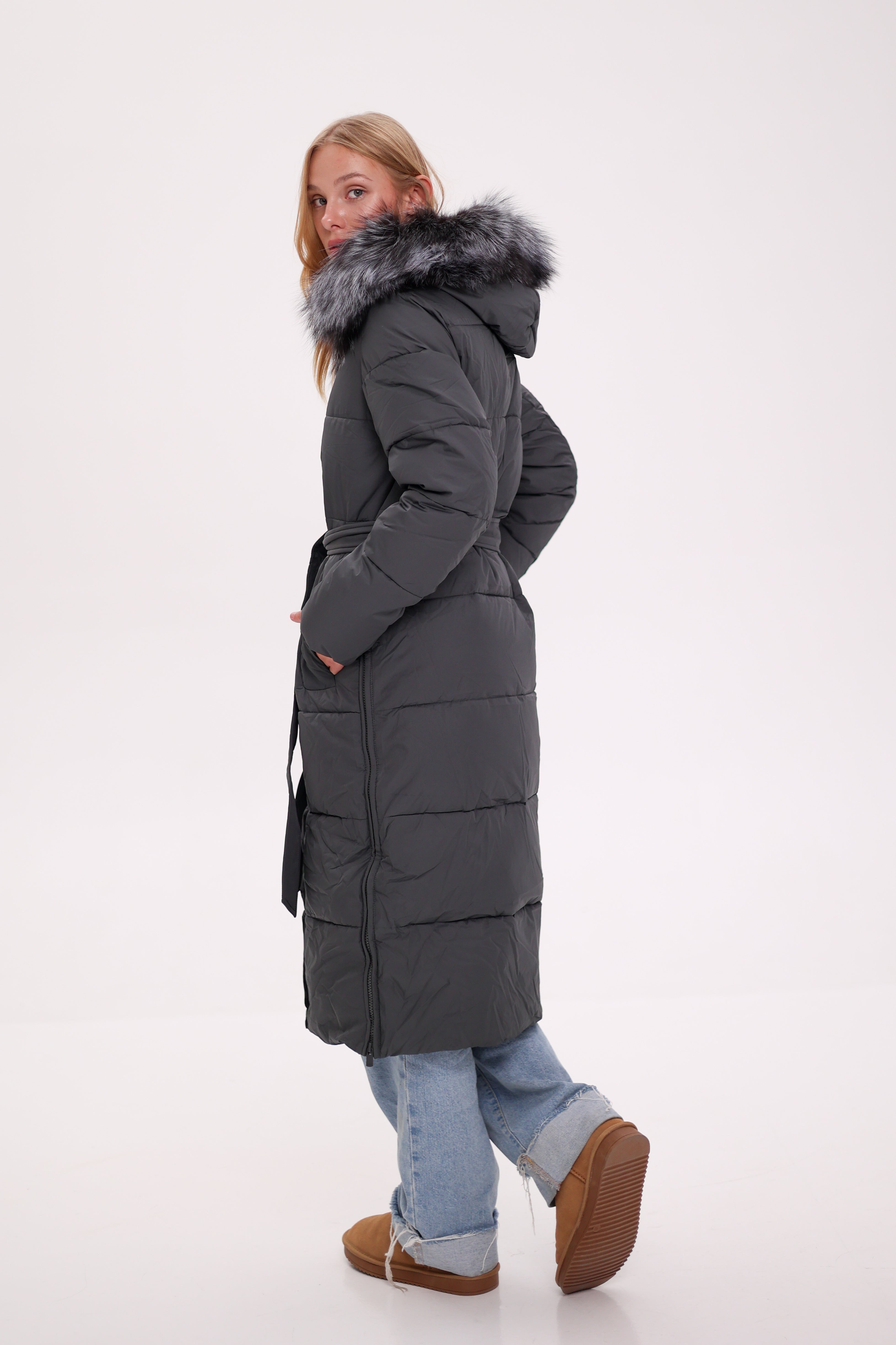 Genuine Silver Fox Belted Winter Insulated Coat