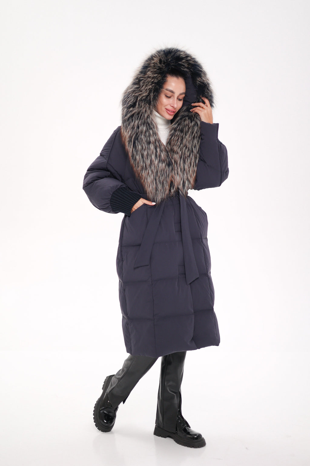 Rei Genuine Fur Trim Hooded Down Coat in Navy
