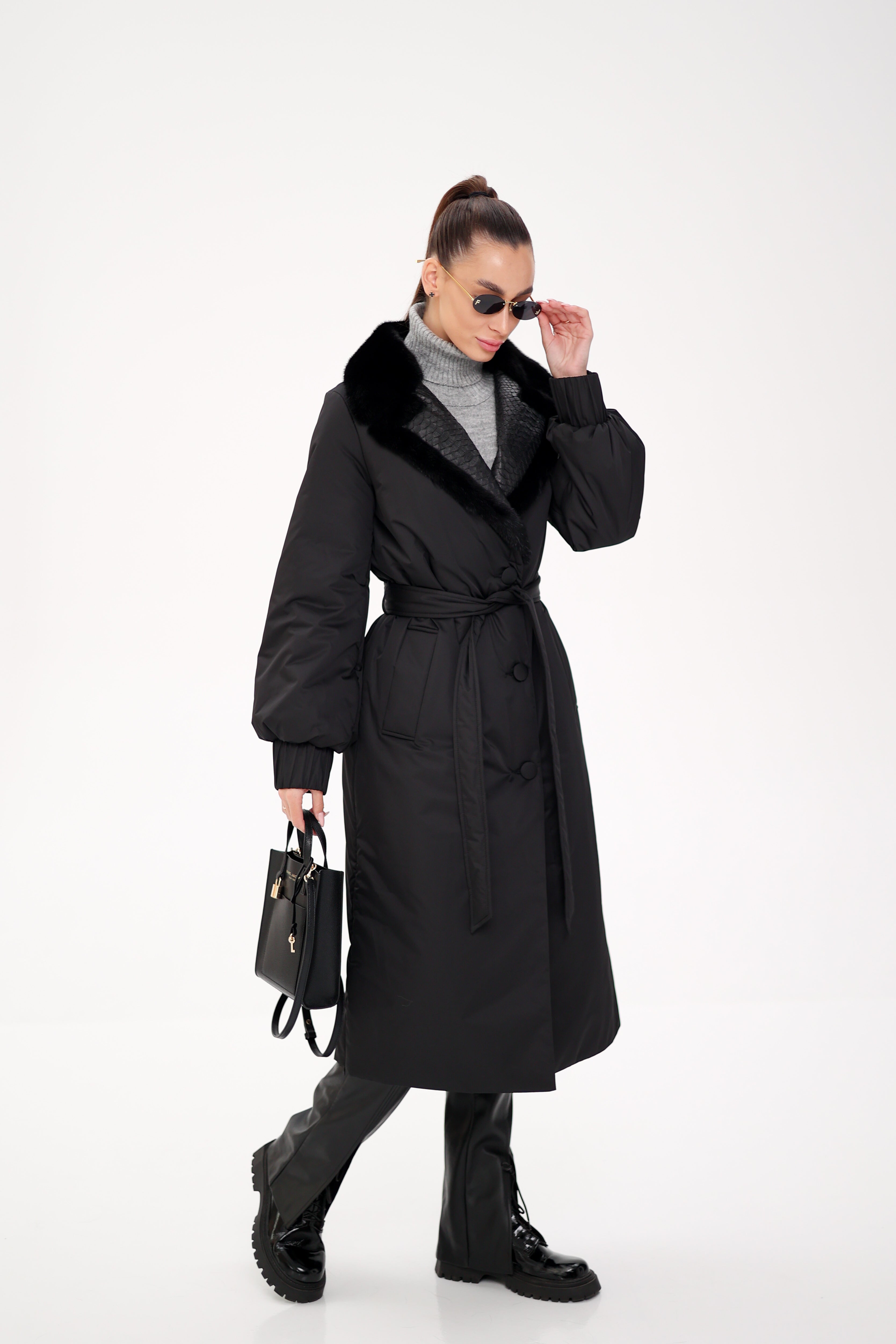 Genuine Mink Fur Real Python Leather Trim Coat