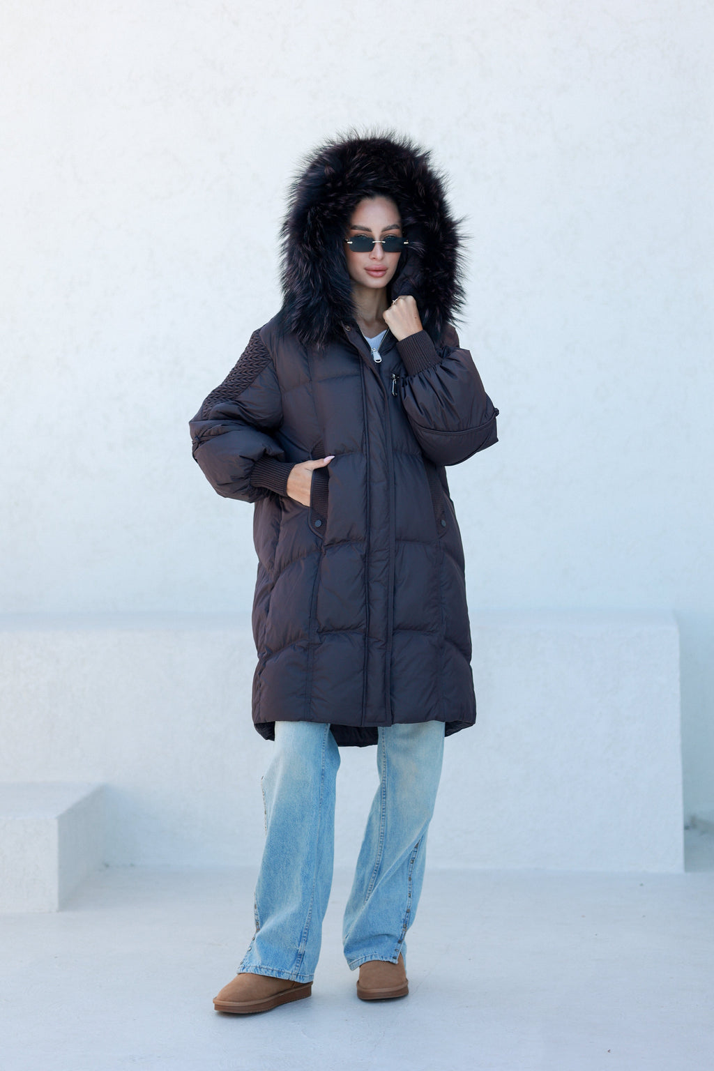 Dakota Genuine Fur Trim Down Fill Coat in Fig