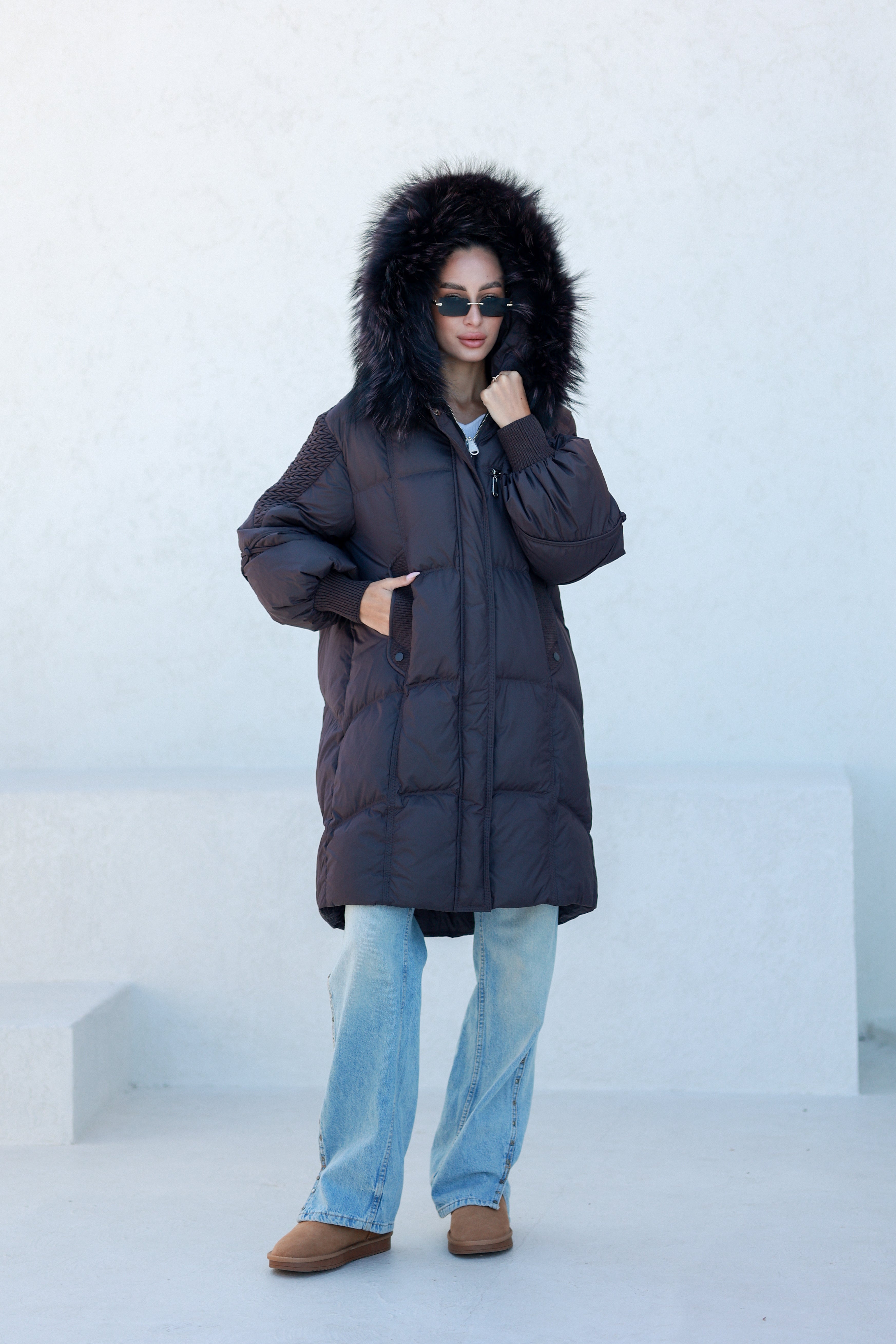 Dakota Genuine Fur Trim Down Fill Coat in Fig