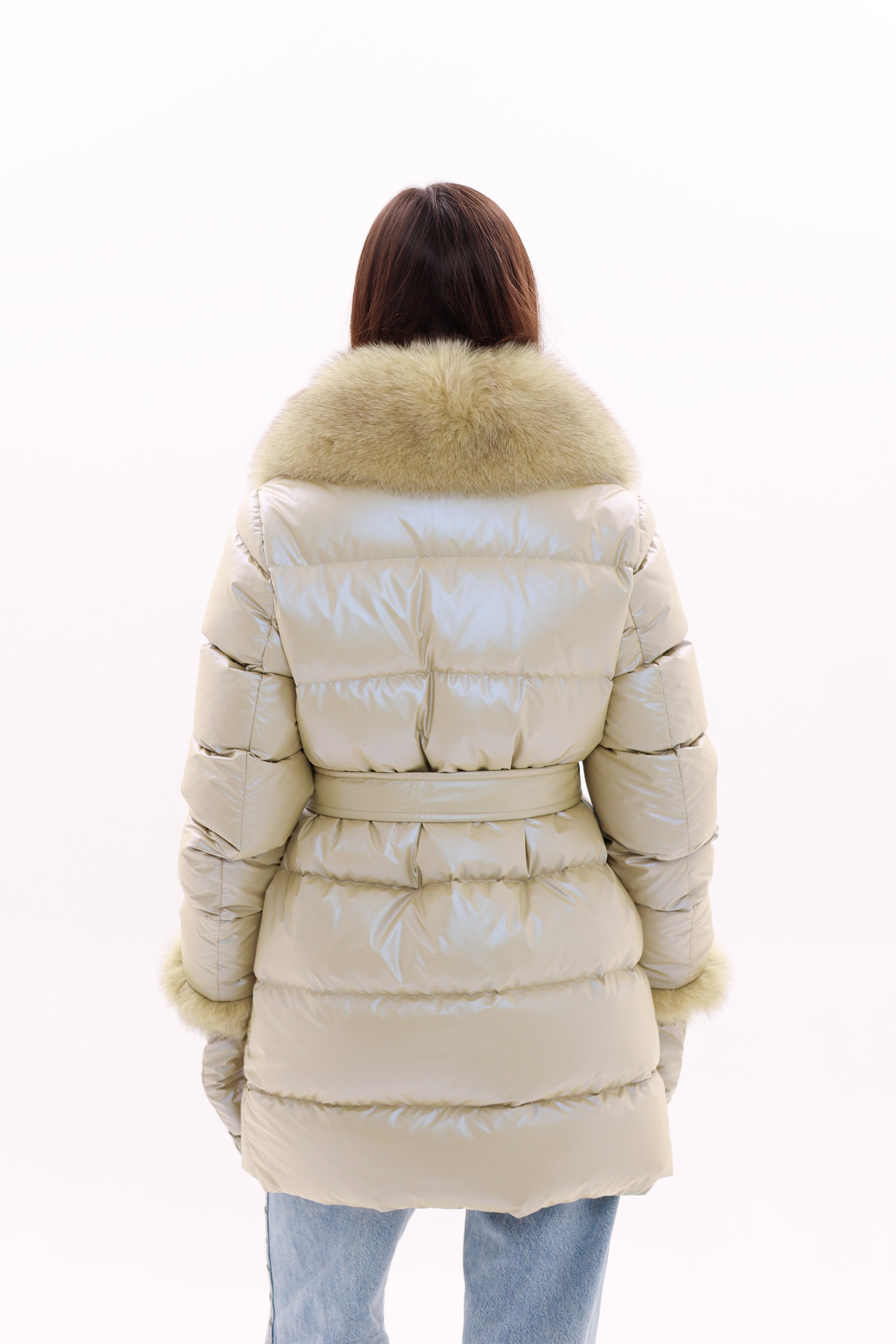 Genuine Fox Fur Down Coat with Fur Trim Mittens
