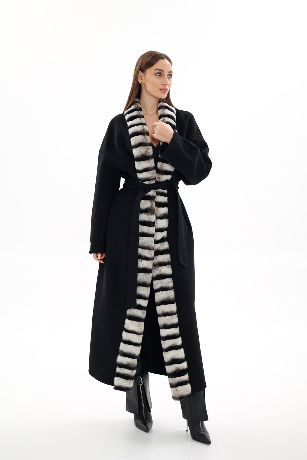 Genuine  French Orylag Fur Italian Cashmere Wool Coat