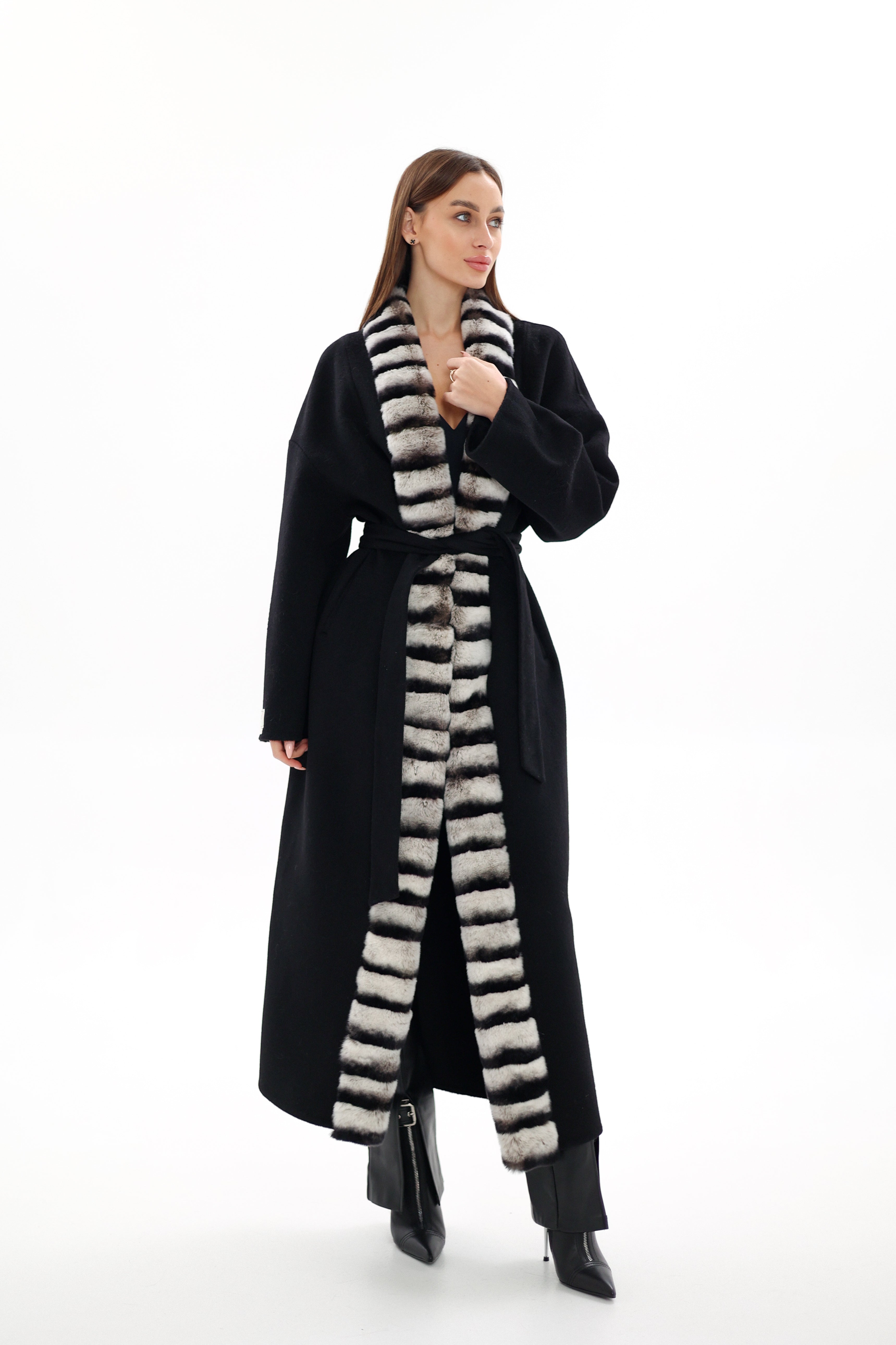 Genuine  French Orylag Fur Italian Cashmere Wool Coat