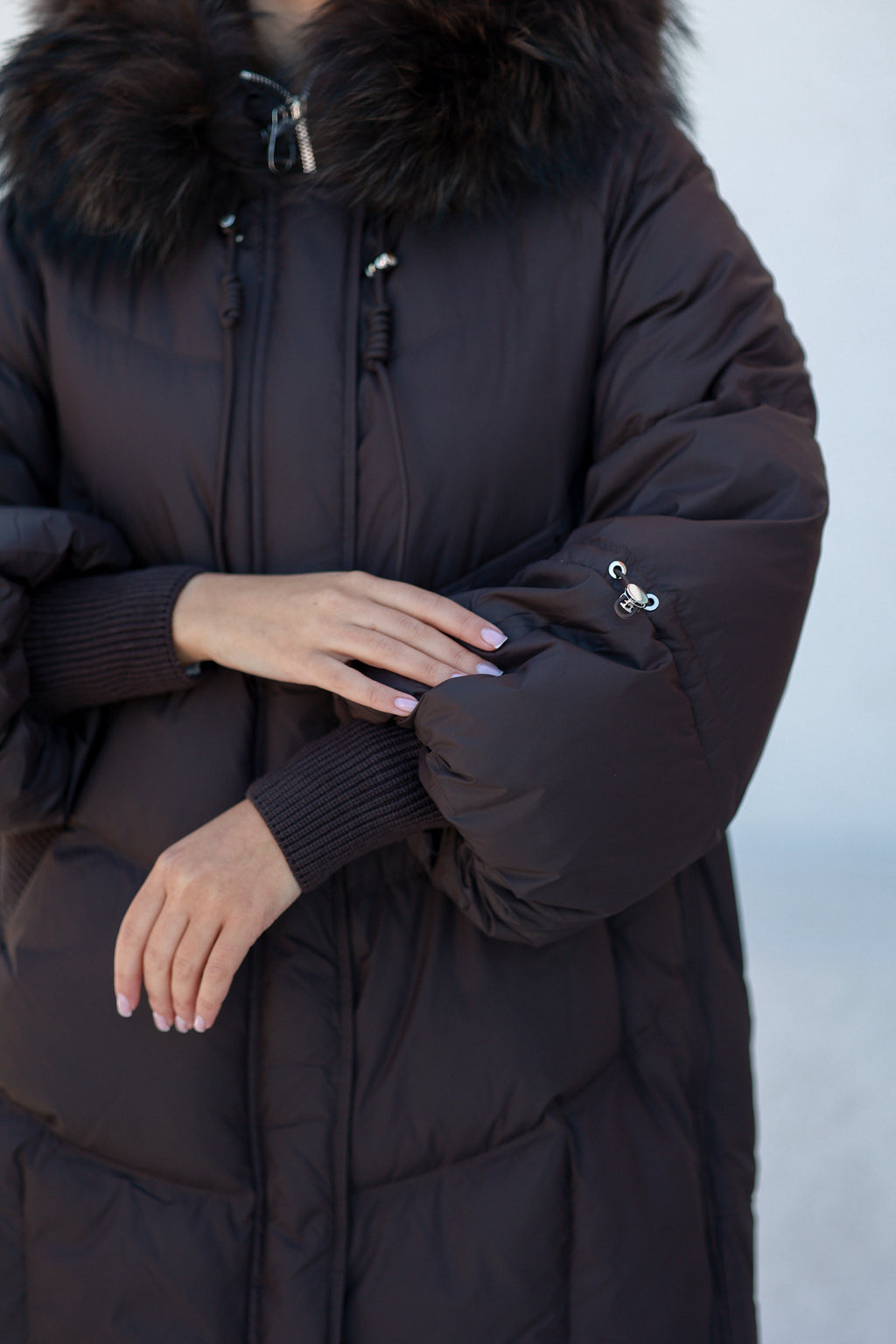 Celeste Genuine Fur Trim Down Fill Coat in Fig