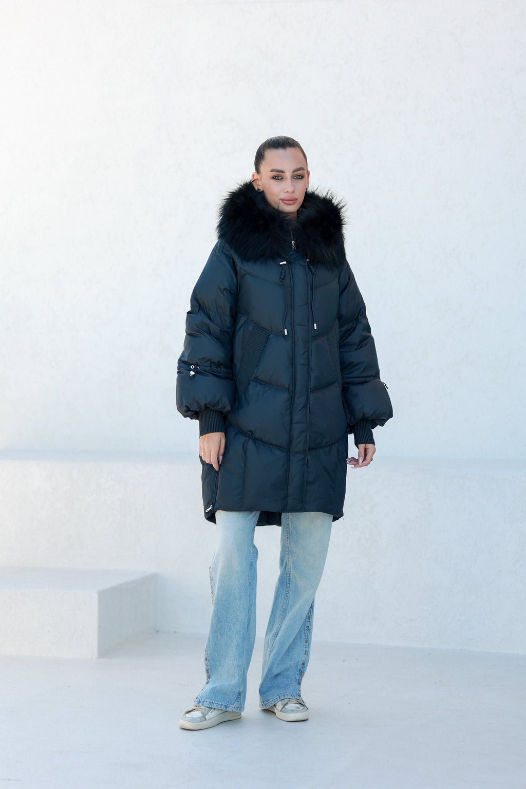 Celeste Genuine Fur Trim Down Fill Coat in Black