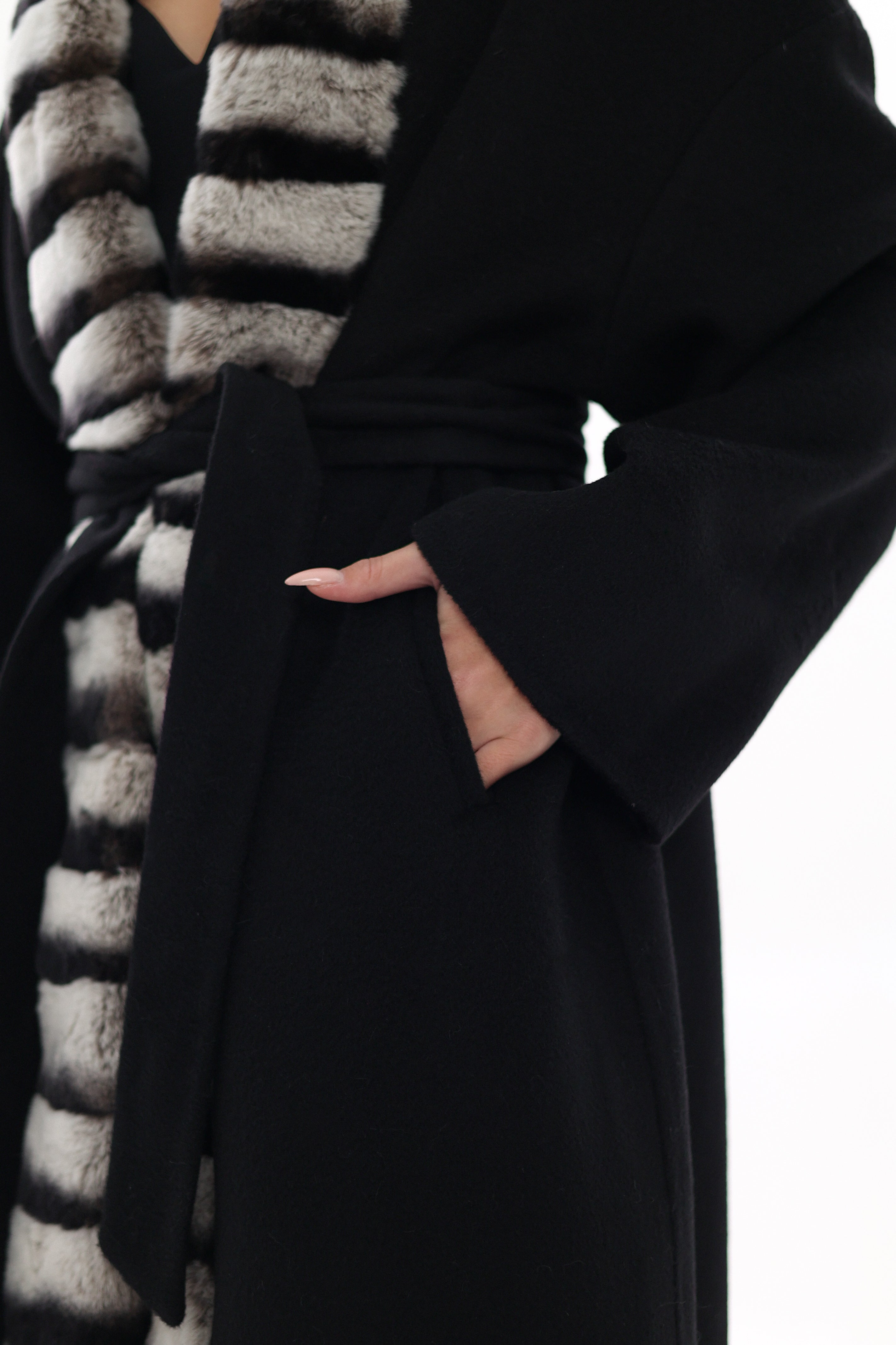 Genuine  French Orylag Fur Italian Cashmere Wool Coat