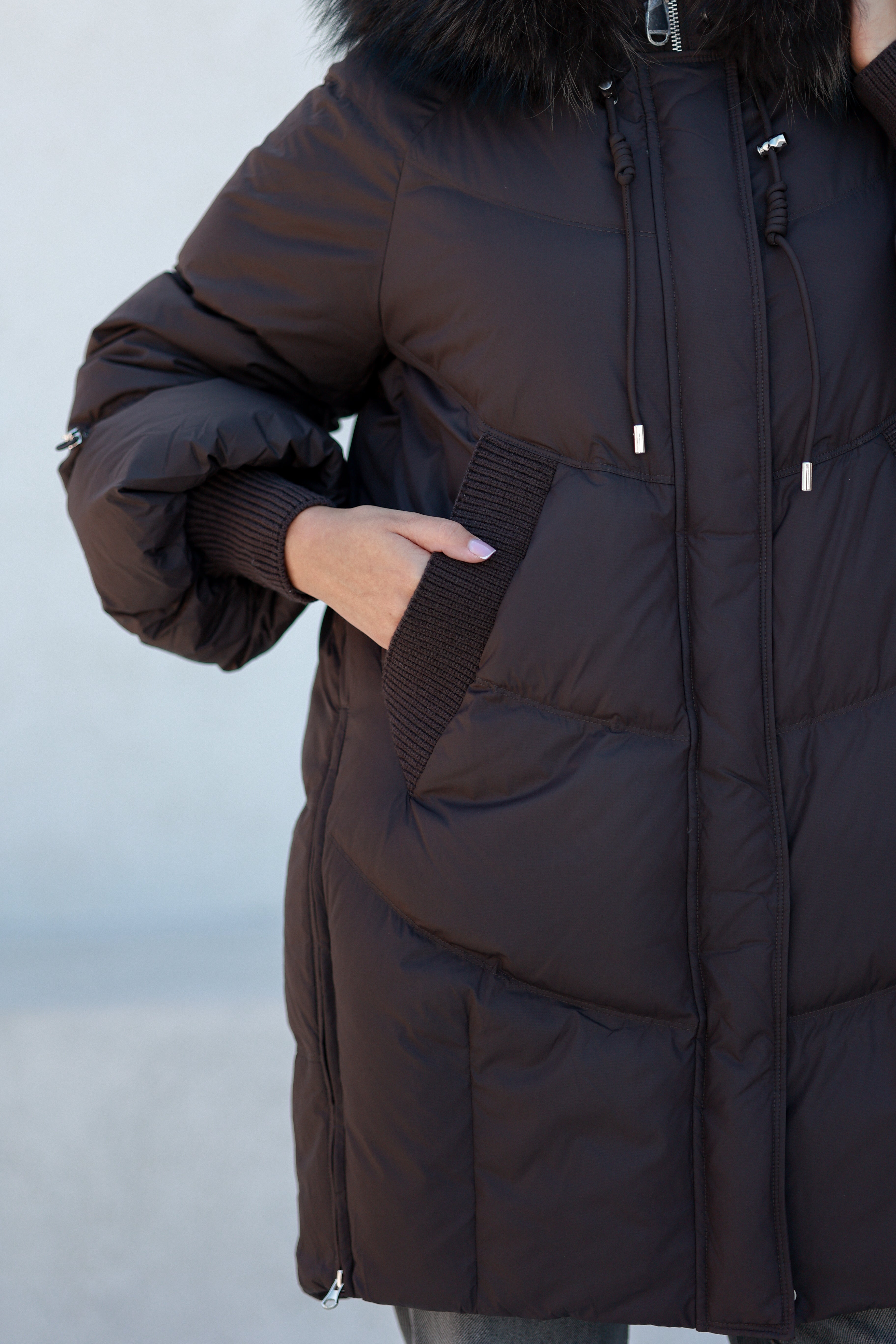 Celeste Genuine Fur Trim Down Fill Coat in Fig