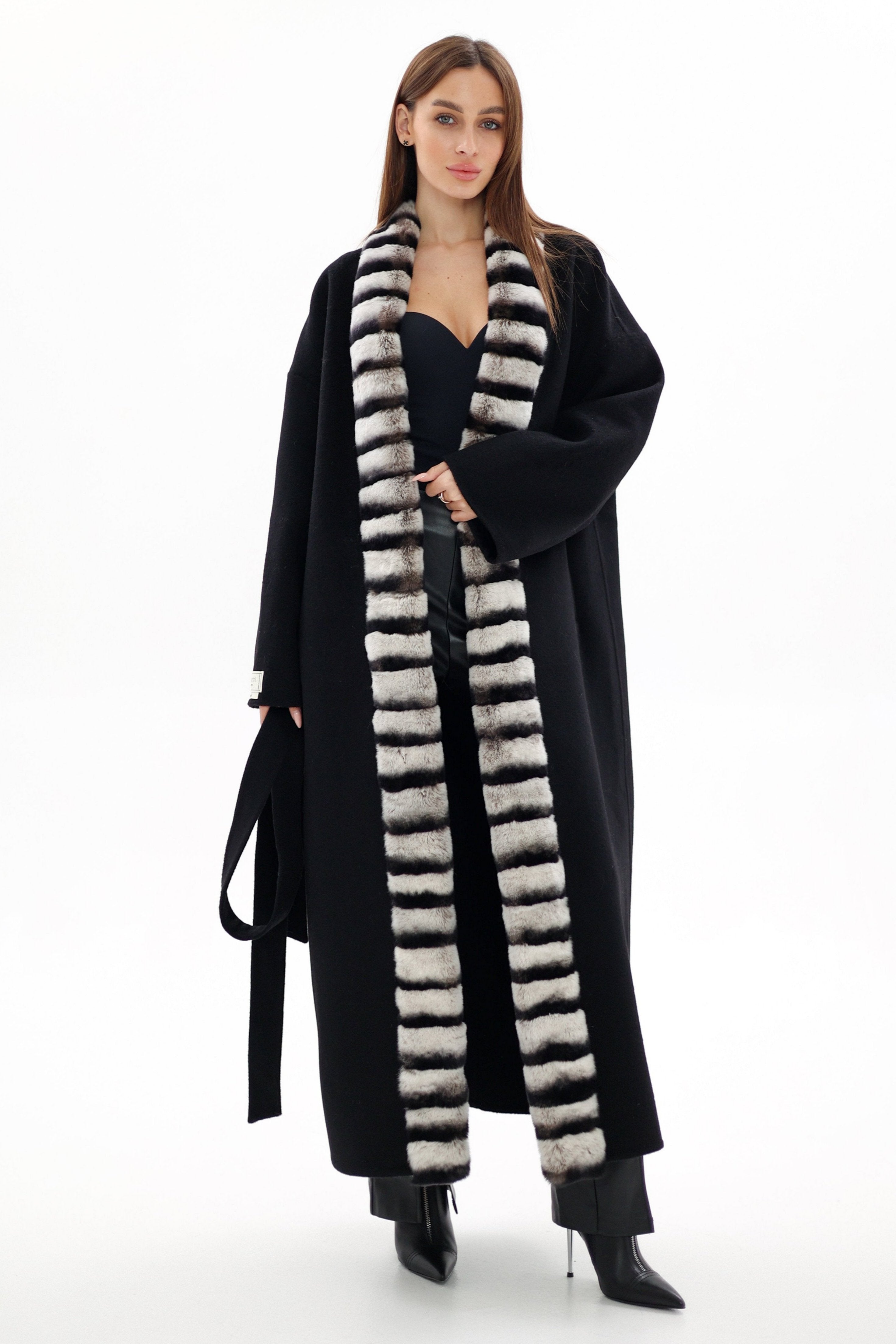 Genuine  French Orylag Fur Italian Cashmere Wool Coat