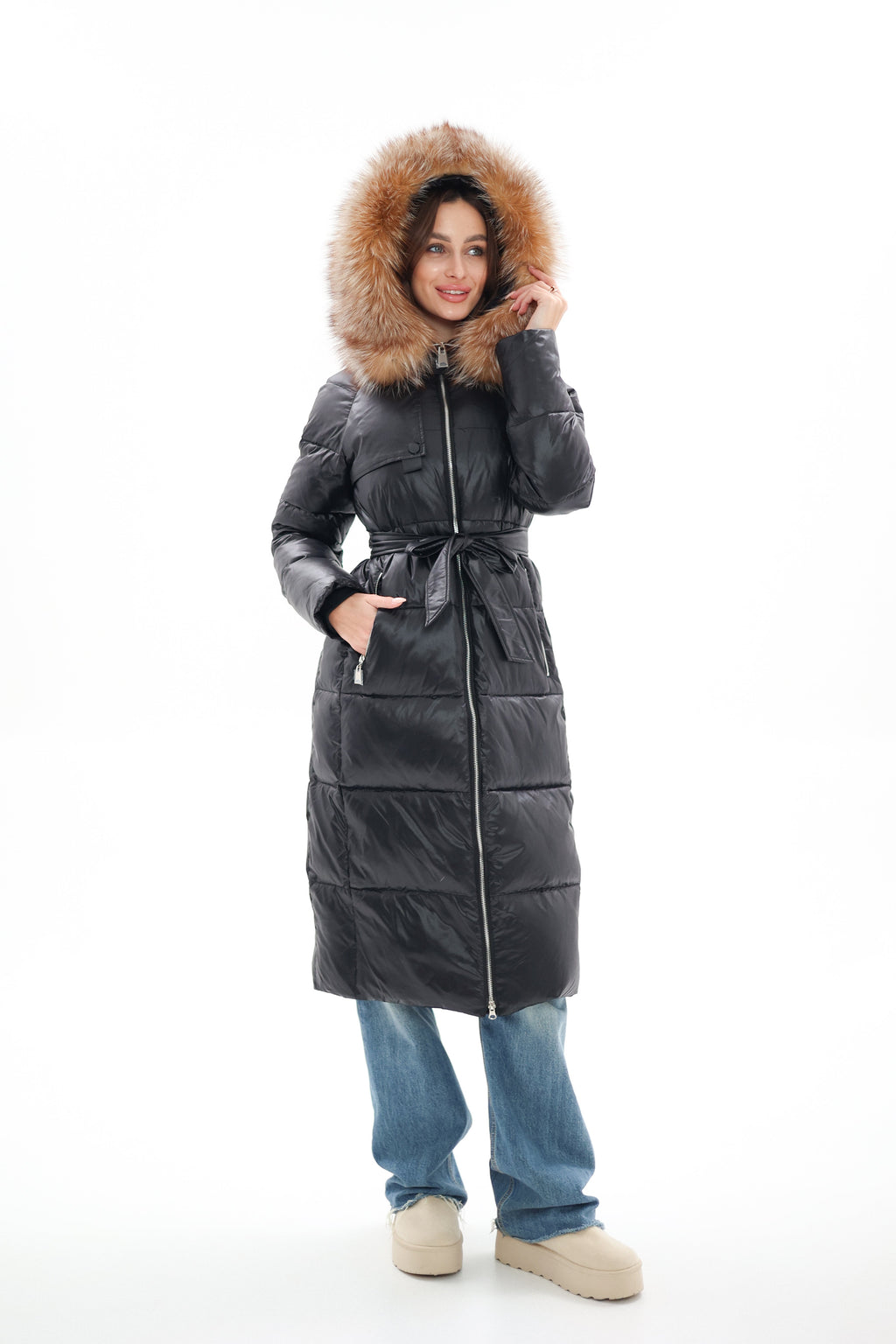 Genuine Silver Fox Fur Alternative Down Fill Coat